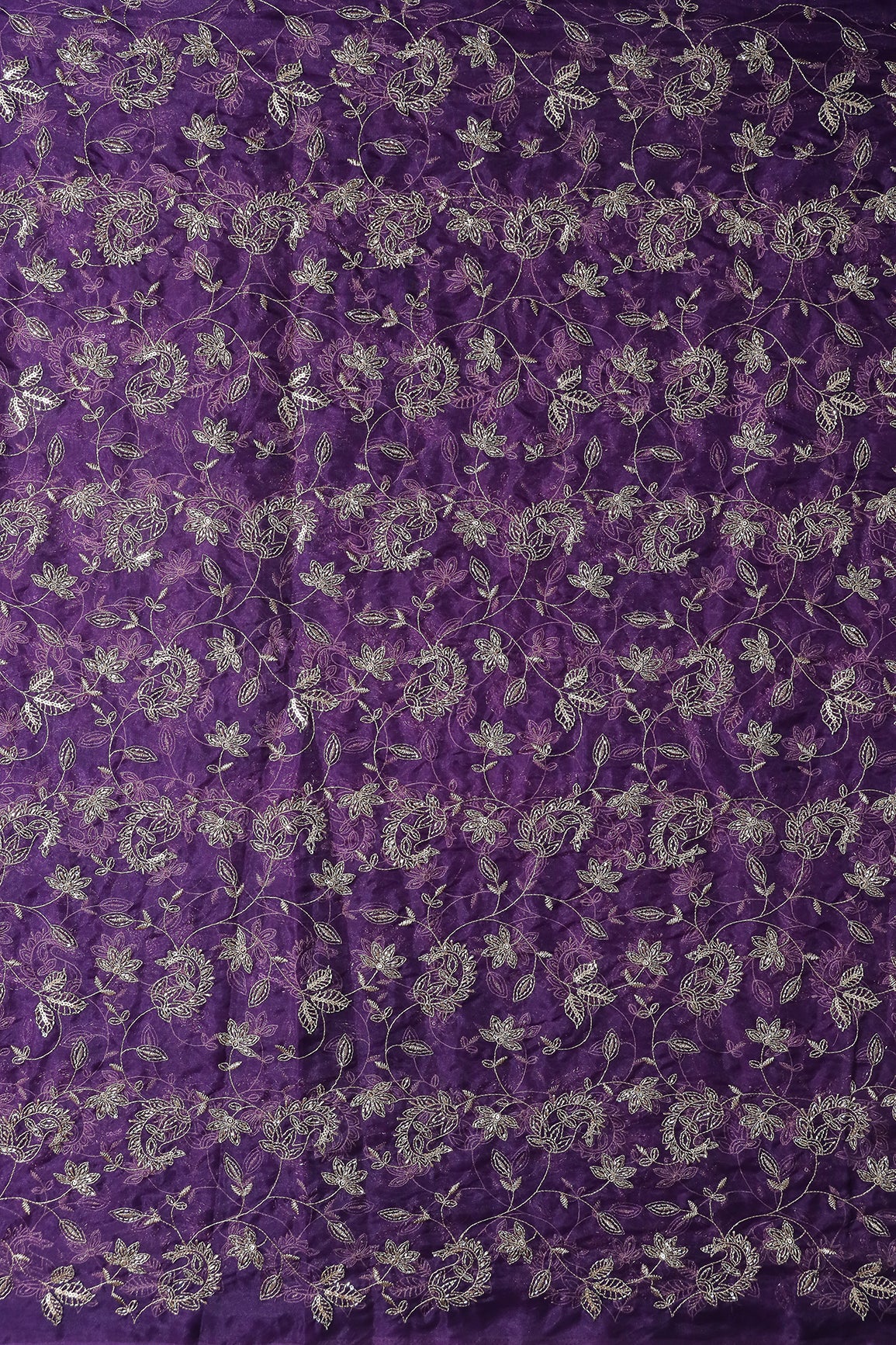Gold Sequins & Beads With Zari Floral Leafy Paisley Embroidery Work On Purple Organza Fabric