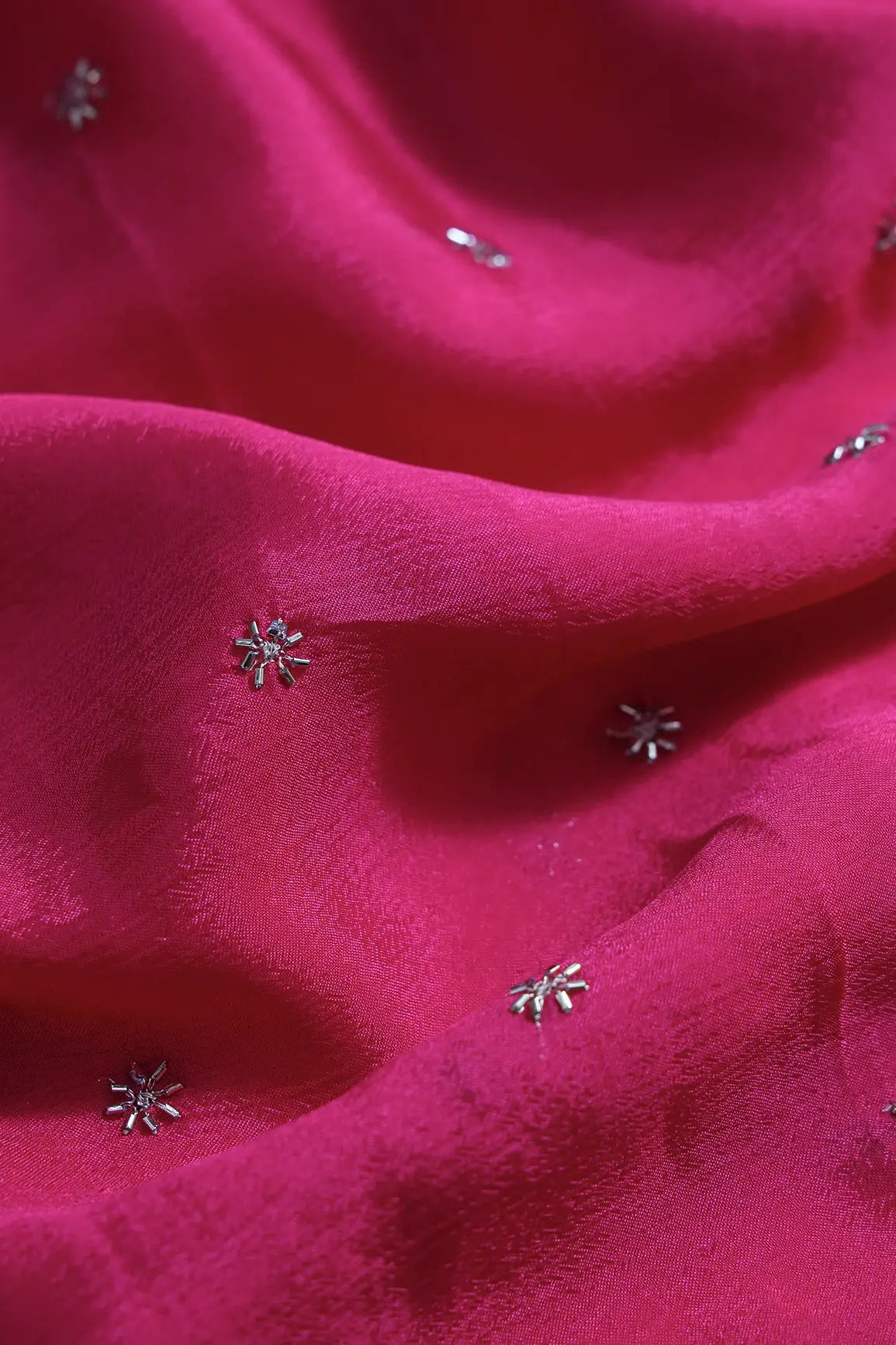 Gold Beads Cut Dana Motif Embroidery Work On Fuchsia Chinnon Chiffon Fabric