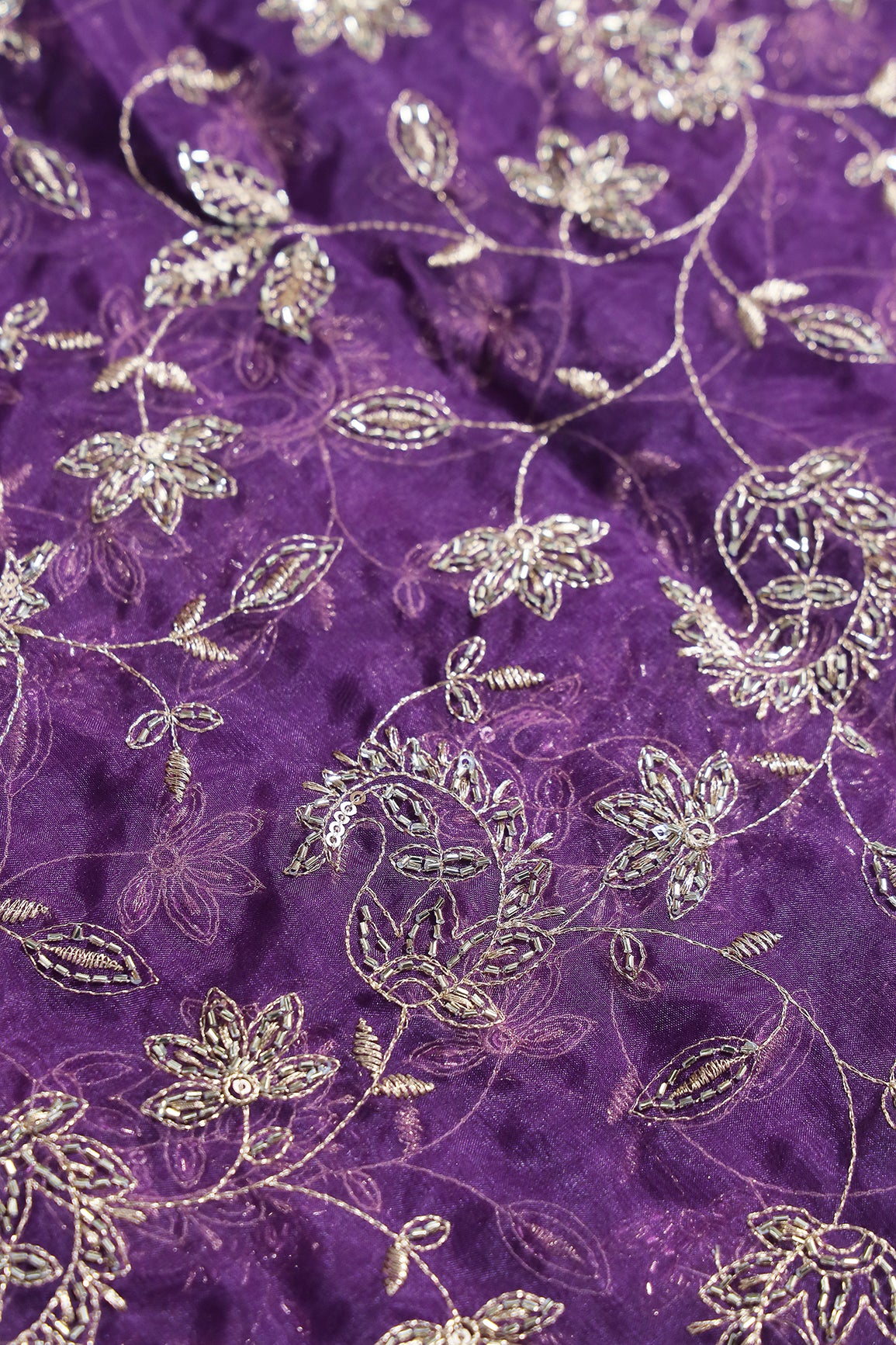 Gold Sequins & Beads With Zari Floral Leafy Paisley Embroidery Work On Purple Organza Fabric