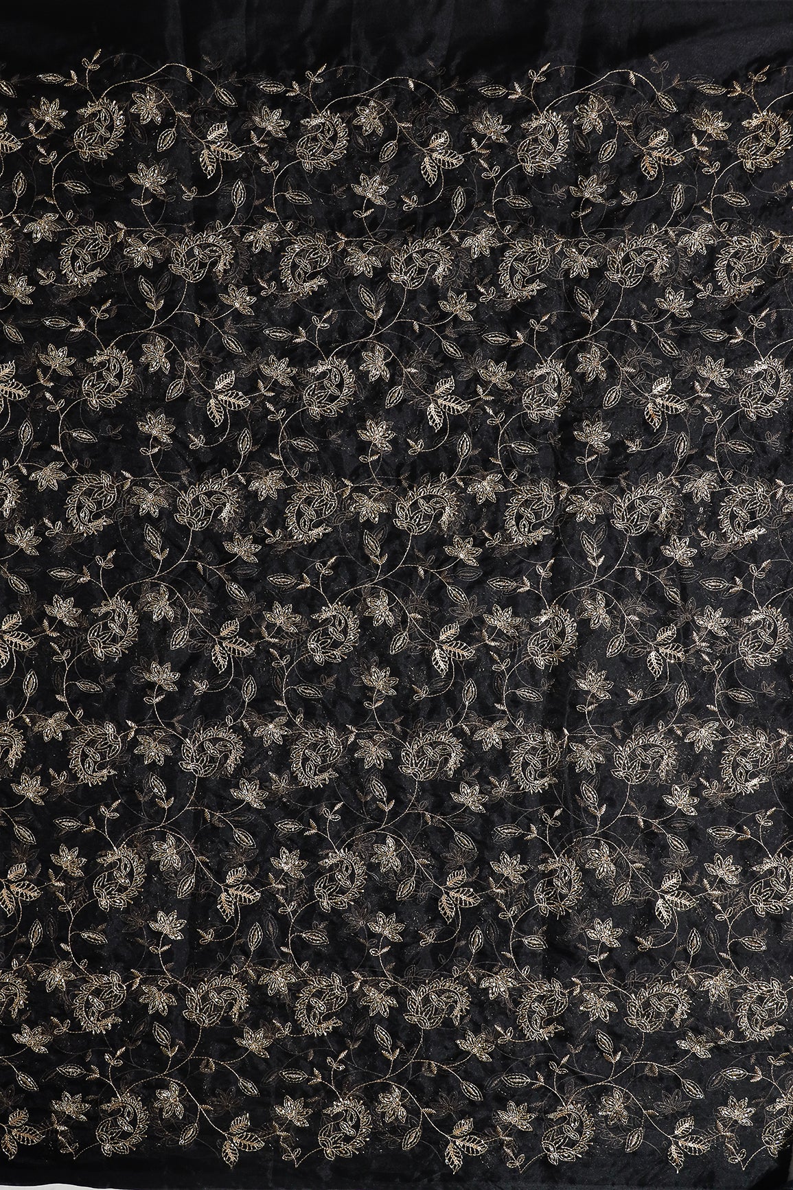 Gold Sequins & Beads With Zari Floral Leafy Paisley Embroidery Work On Black Organza Fabric