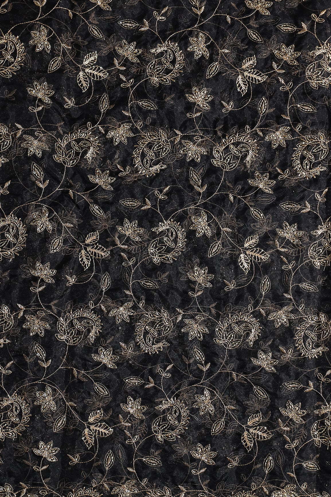 Gold Sequins & Beads With Zari Floral Leafy Paisley Embroidery Work On Black Organza Fabric