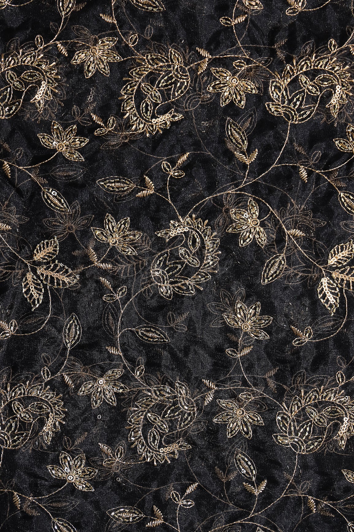 Gold Sequins & Beads With Zari Floral Leafy Paisley Embroidery Work On Black Organza Fabric