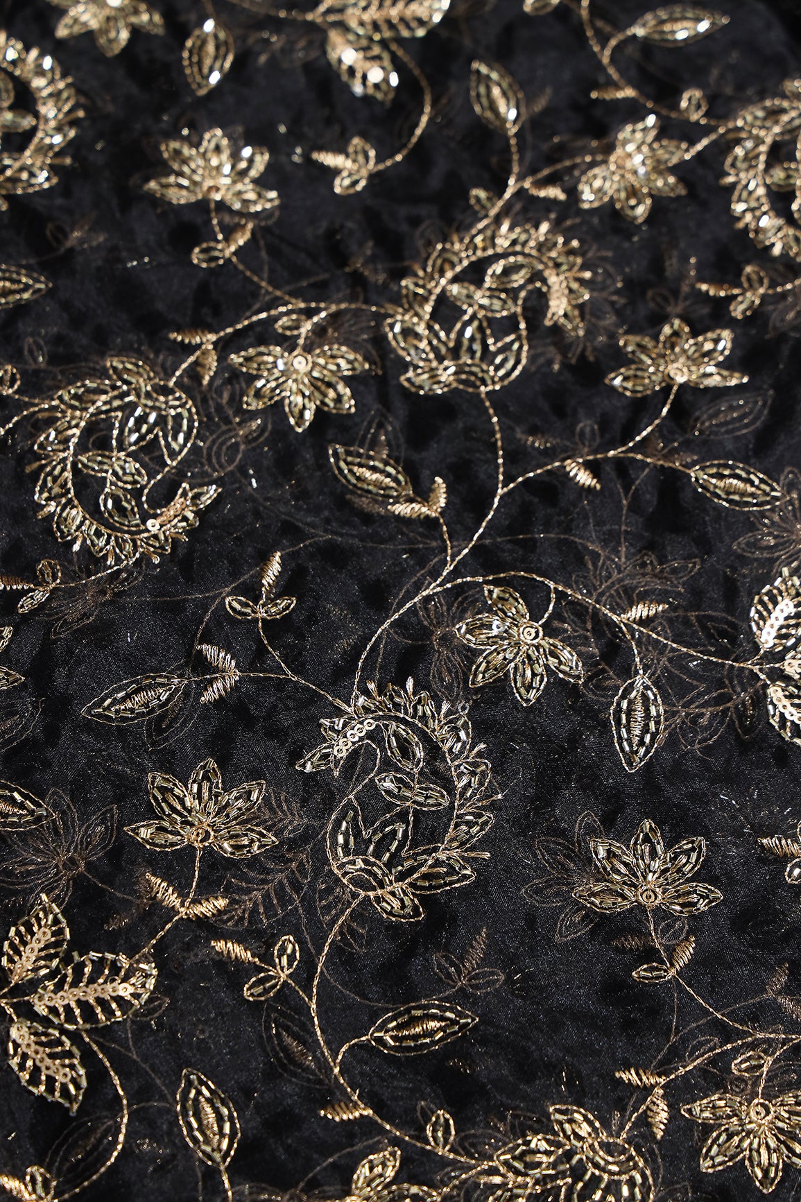 Gold Sequins & Beads With Zari Floral Leafy Paisley Embroidery Work On Black Organza Fabric