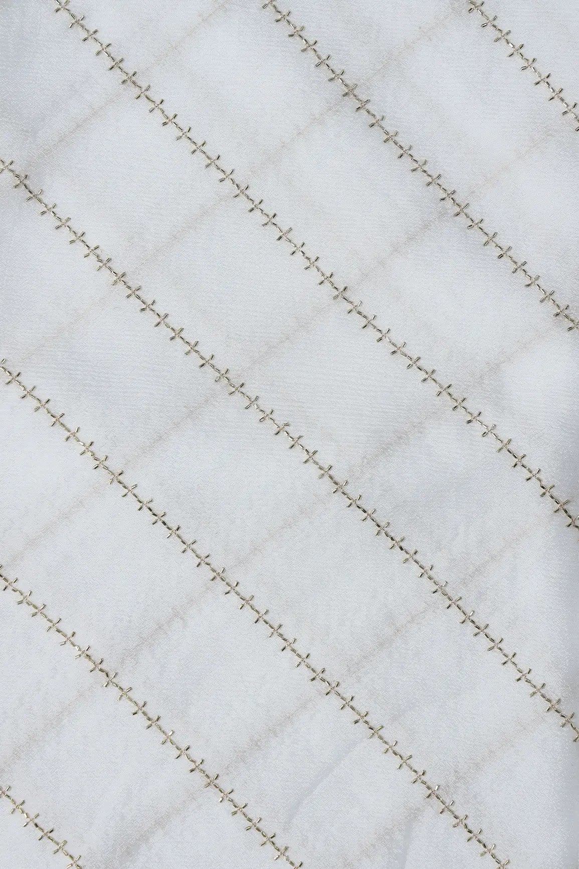 Gold Beads Cut Dana Stripes Embroidery Work On Dyeable White Chinnon Chiffon Fabric
