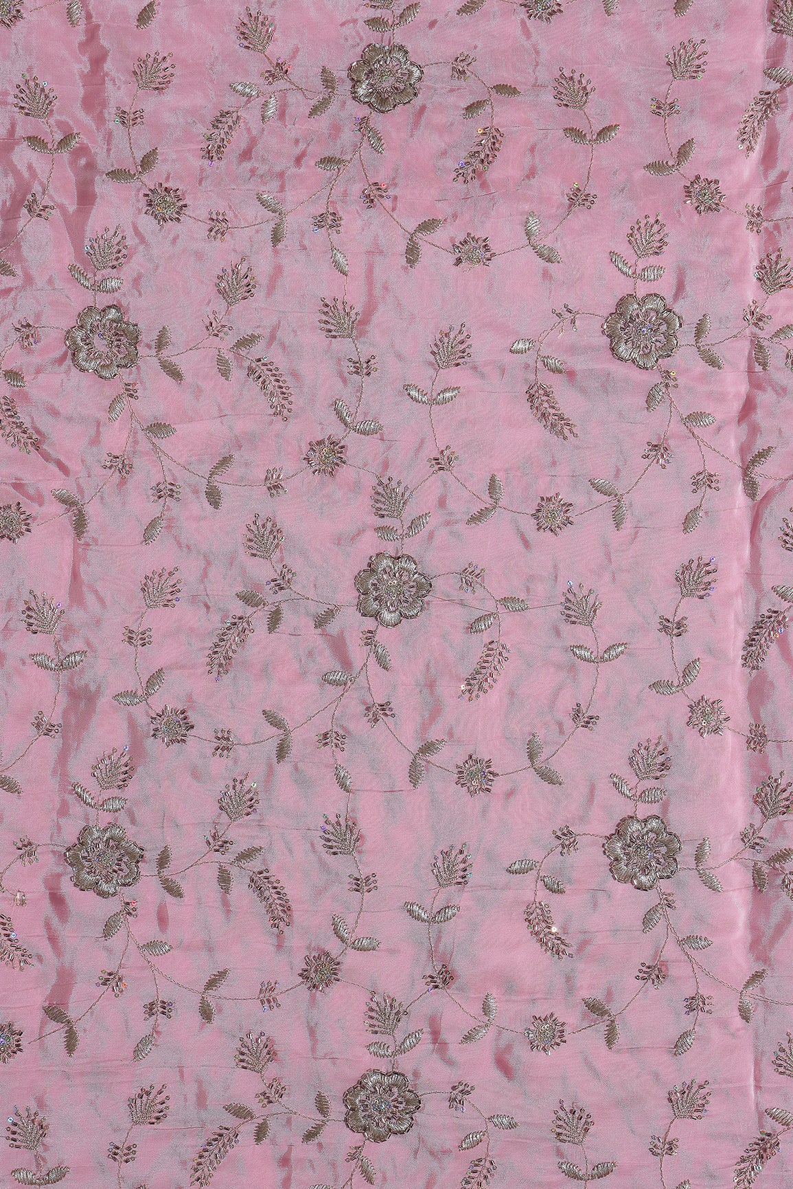 Multi Sequins & Beads With Zari Floral Leafy Embroidery Work On Baby Pink Glass Tissue Organza Fabric