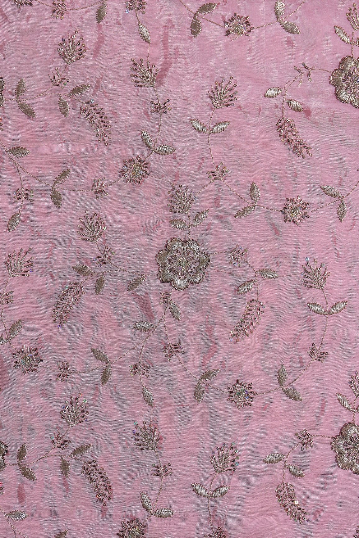 Multi Sequins & Beads With Zari Floral Leafy Embroidery Work On Baby Pink Glass Tissue Organza Fabric