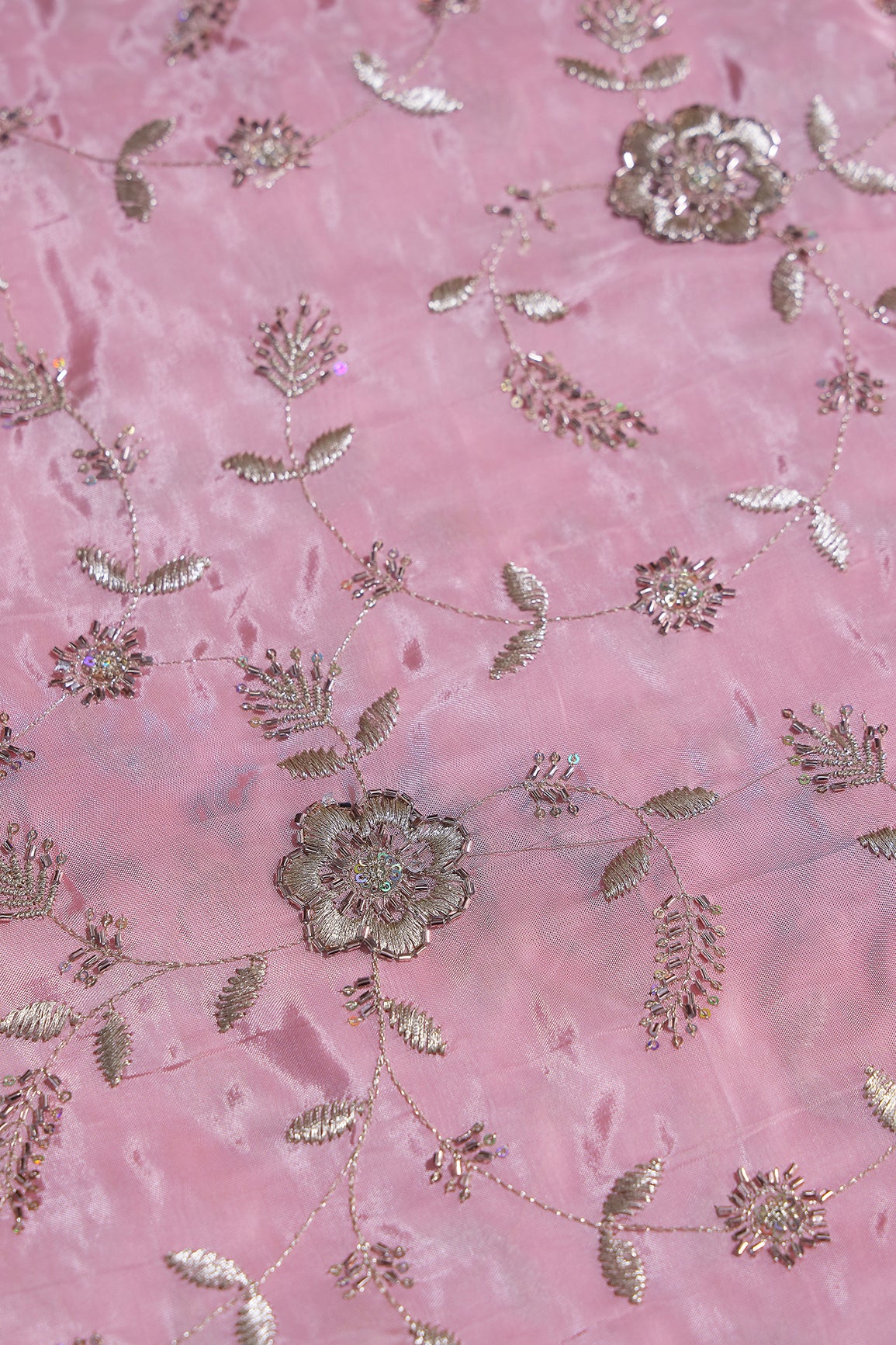 Multi Sequins & Beads With Zari Floral Leafy Embroidery Work On Baby Pink Glass Tissue Organza Fabric