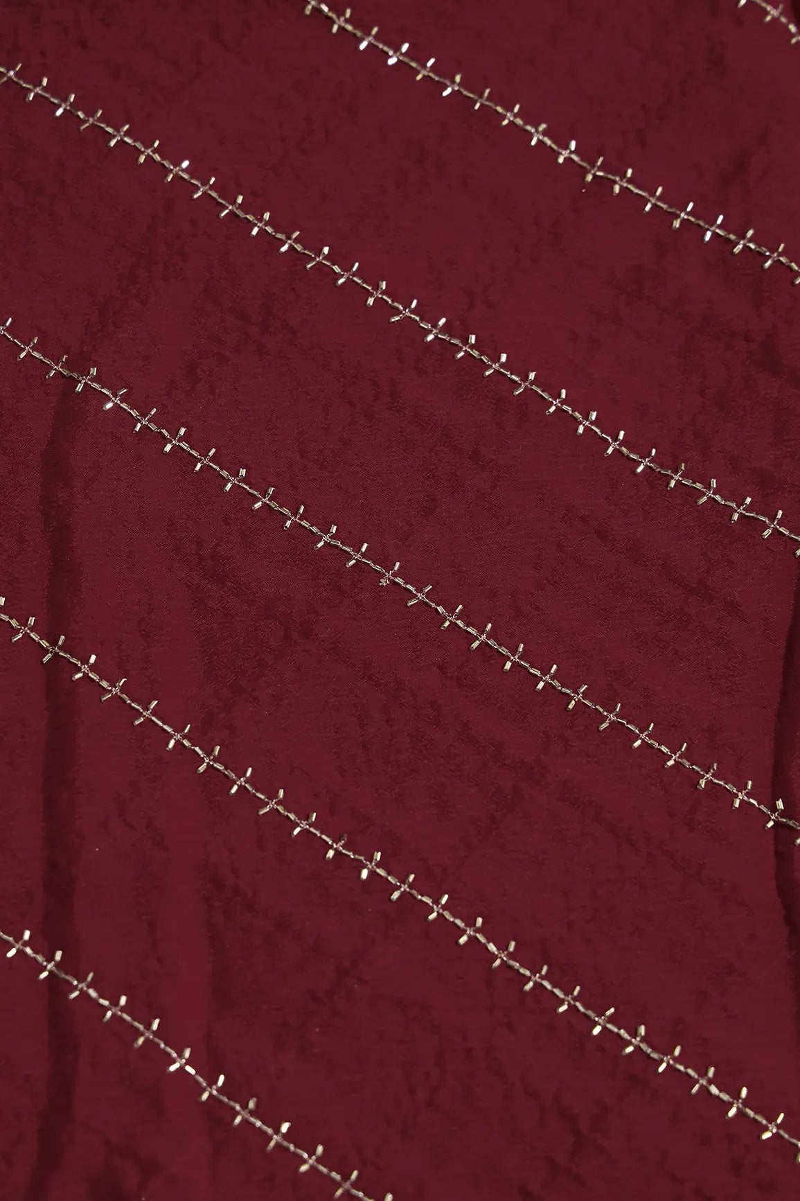 Gold Beads Cut Dana Stripes Embroidery Work On Cherry Red Chinnon Chiffon Fabric