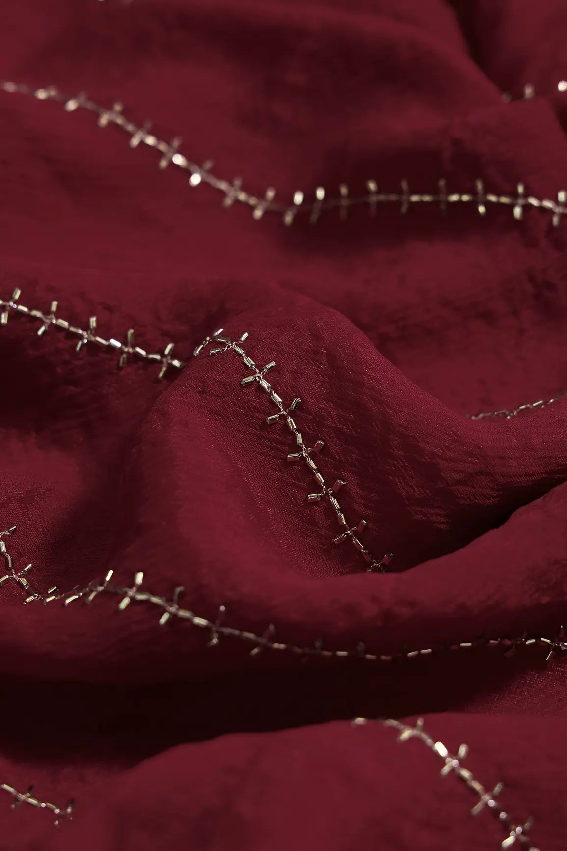 Gold Beads Cut Dana Stripes Embroidery Work On Rani Chinnon Chiffon Fabric