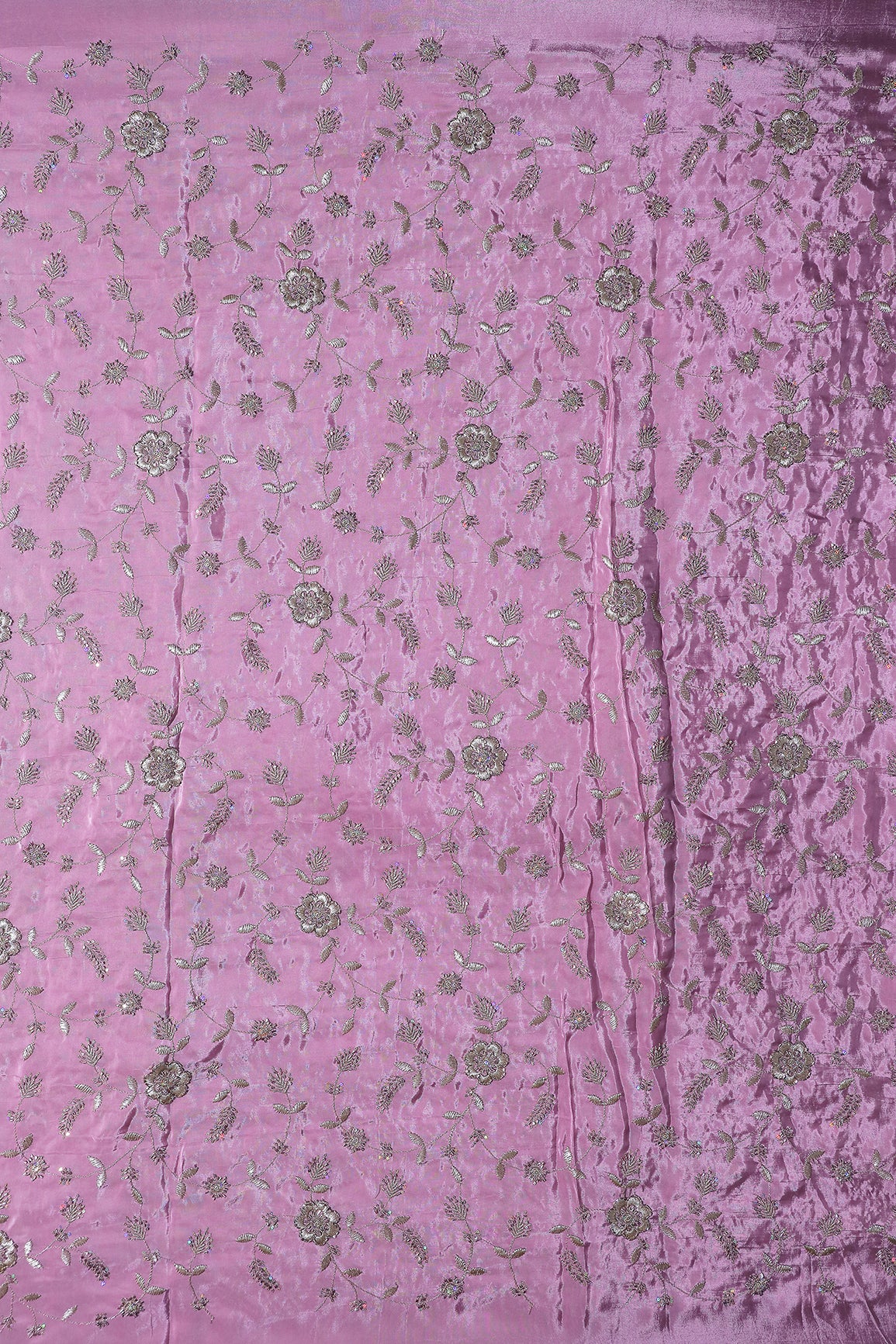 Multi Sequins & Beads With Zari Floral Leafy Embroidery Work On Lavender Glass Tissue Organza Fabric