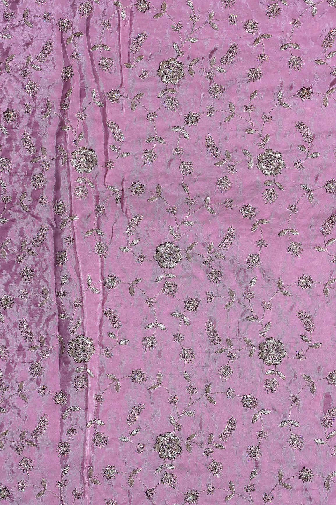 Multi Sequins & Beads With Zari Floral Leafy Embroidery Work On Lavender Glass Tissue Organza Fabric