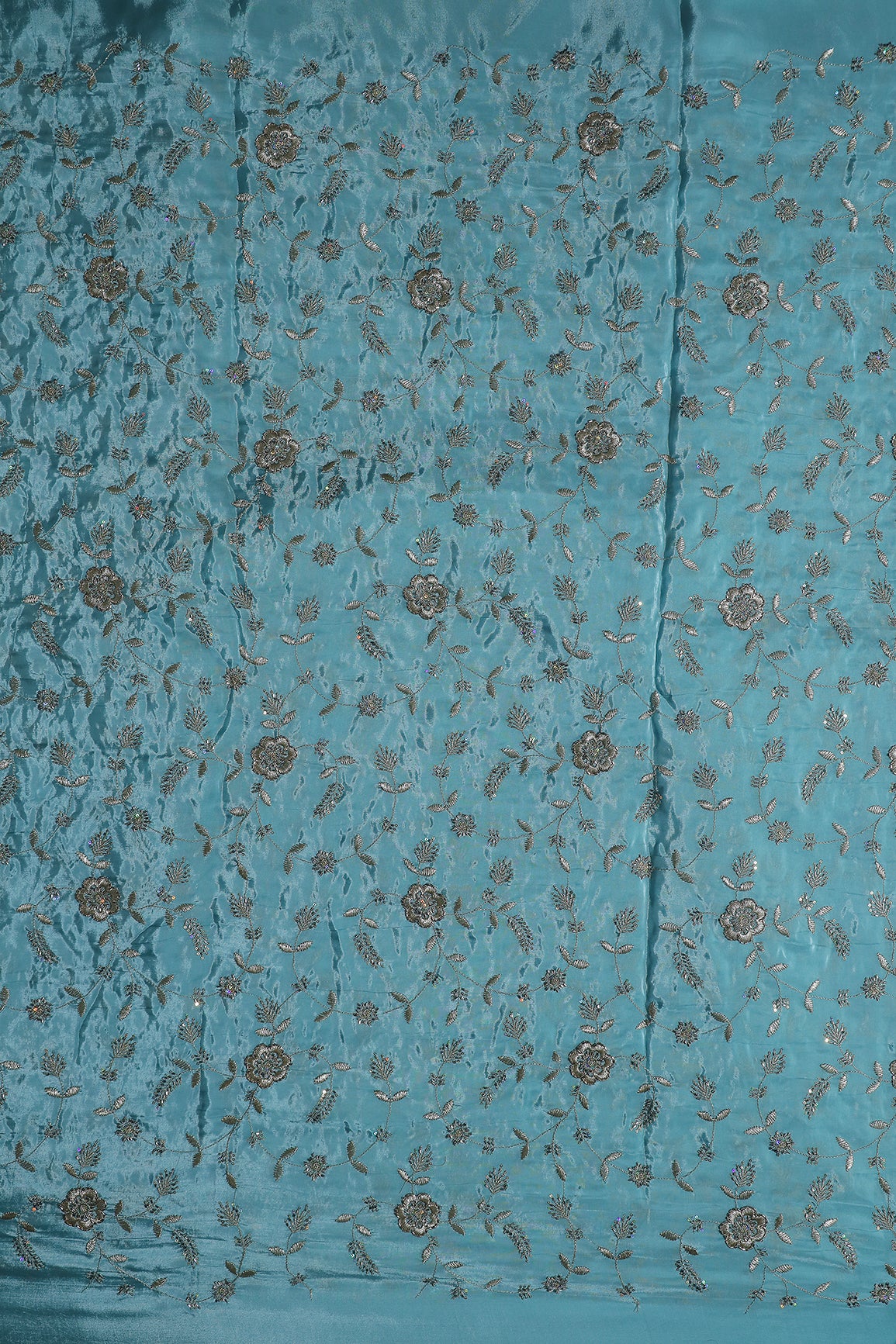 Multi Sequins & Beads With Zari Floral Leafy Embroidery Work On Light Blue Glass Tissue Organza Fabric