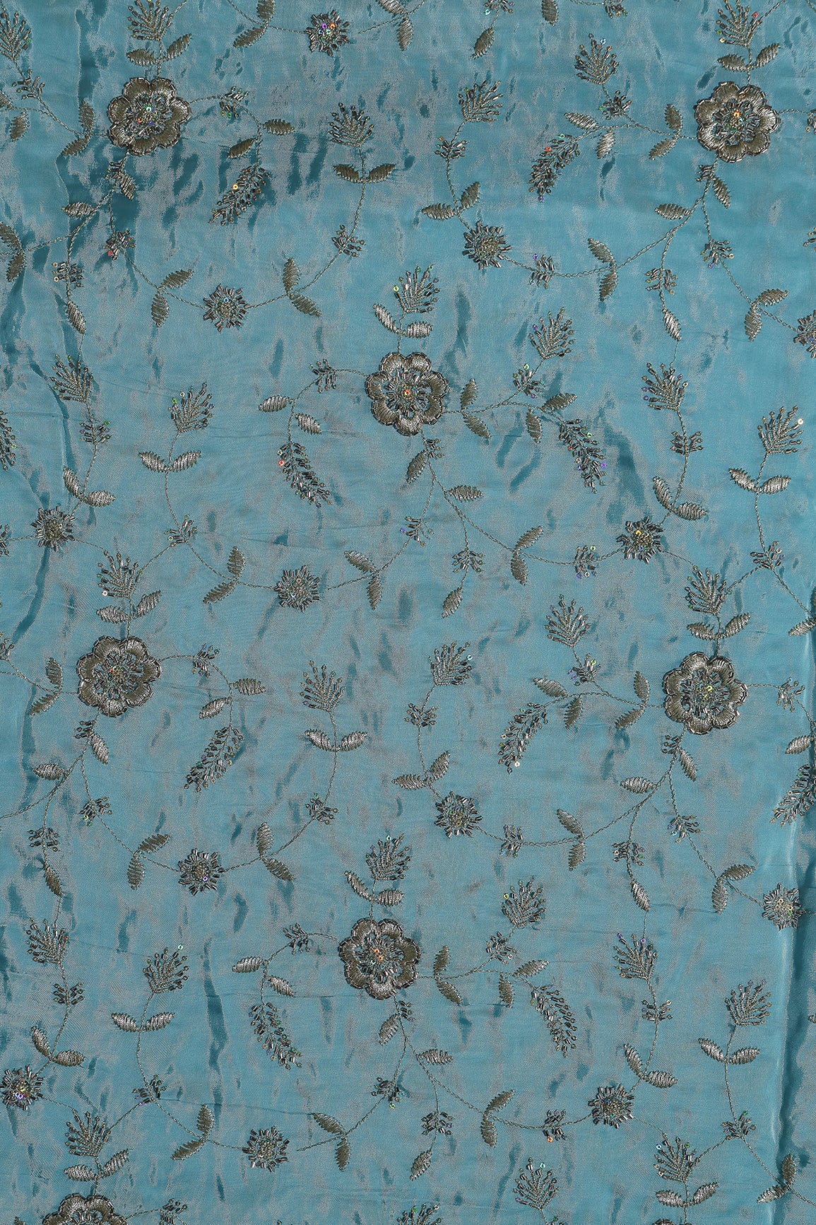 Multi Sequins & Beads With Zari Floral Leafy Embroidery Work On Light Blue Glass Tissue Organza Fabric