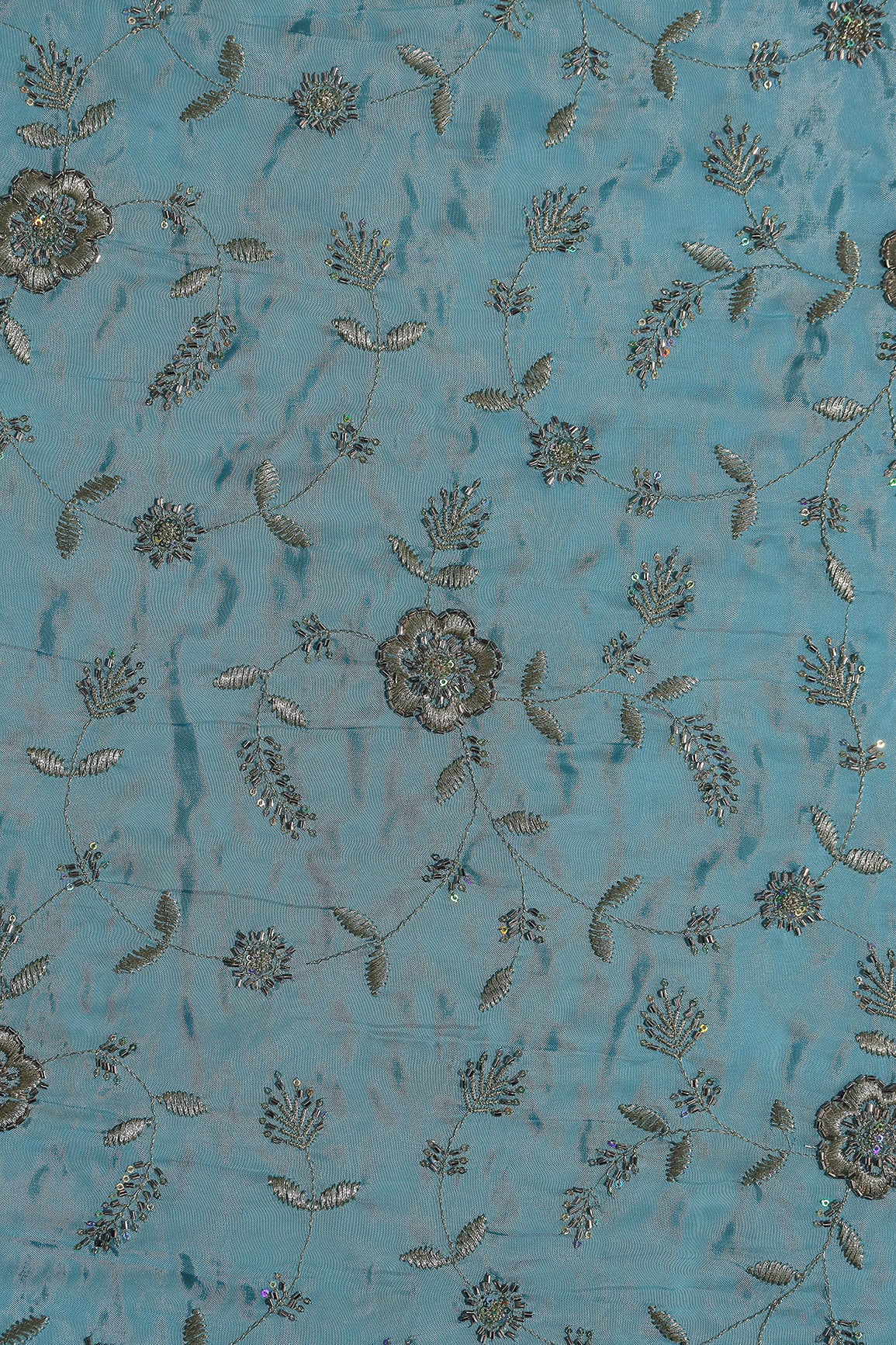 Multi Sequins & Beads With Zari Floral Leafy Embroidery Work On Light Blue Glass Tissue Organza Fabric