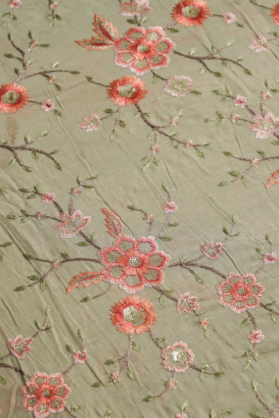 Gold Sequins With Thread Embroidery Work On Light Olive Organic Cotton Fabric