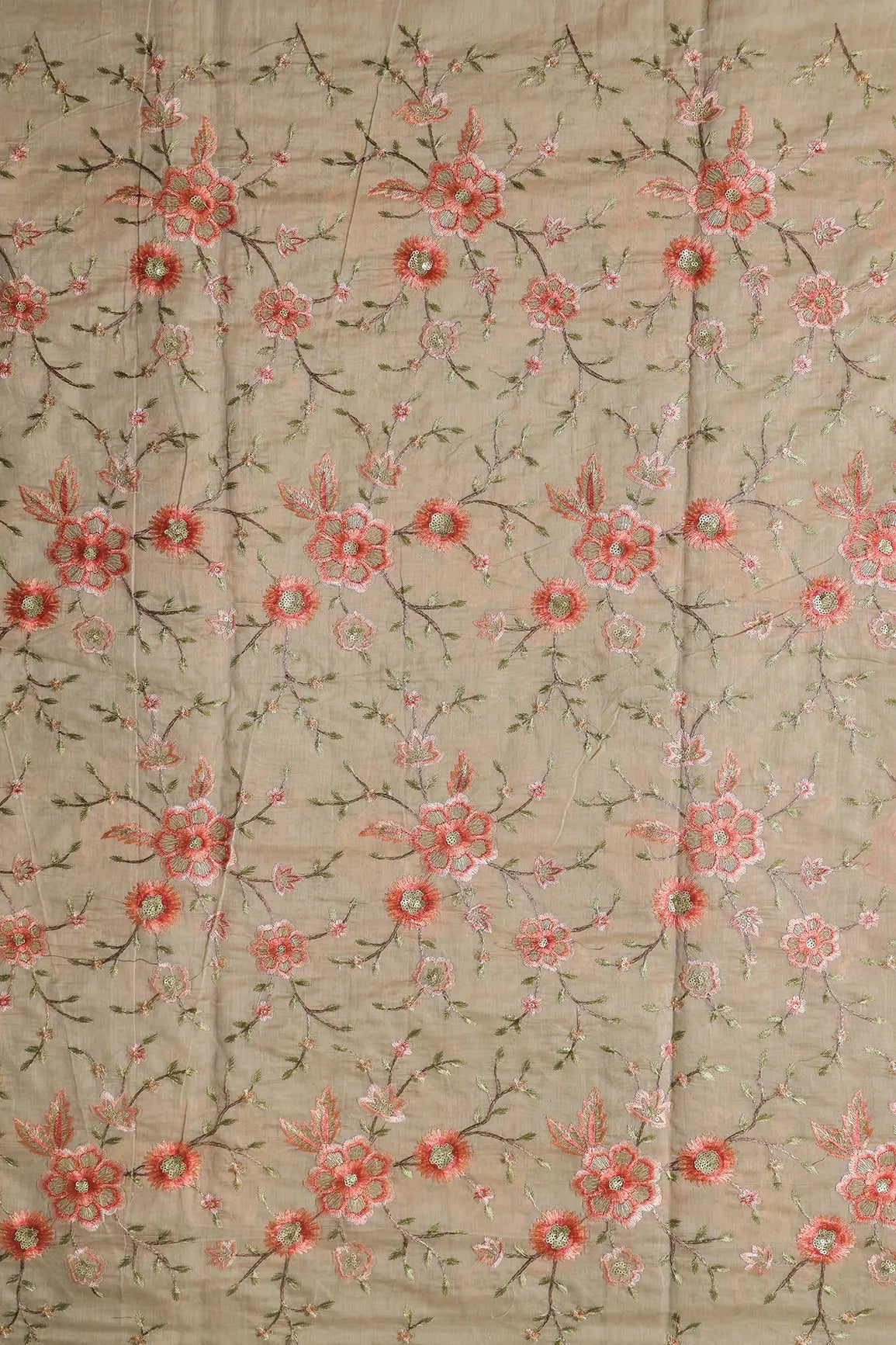 Beautiful Floral Embroidery Work On Send Beige Chanderi Fabric