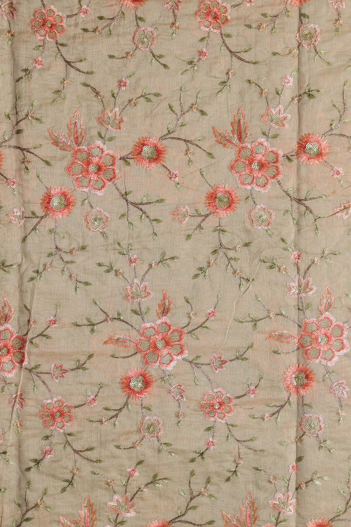Beautiful Floral Embroidery Work On Send Beige Chanderi Fabric