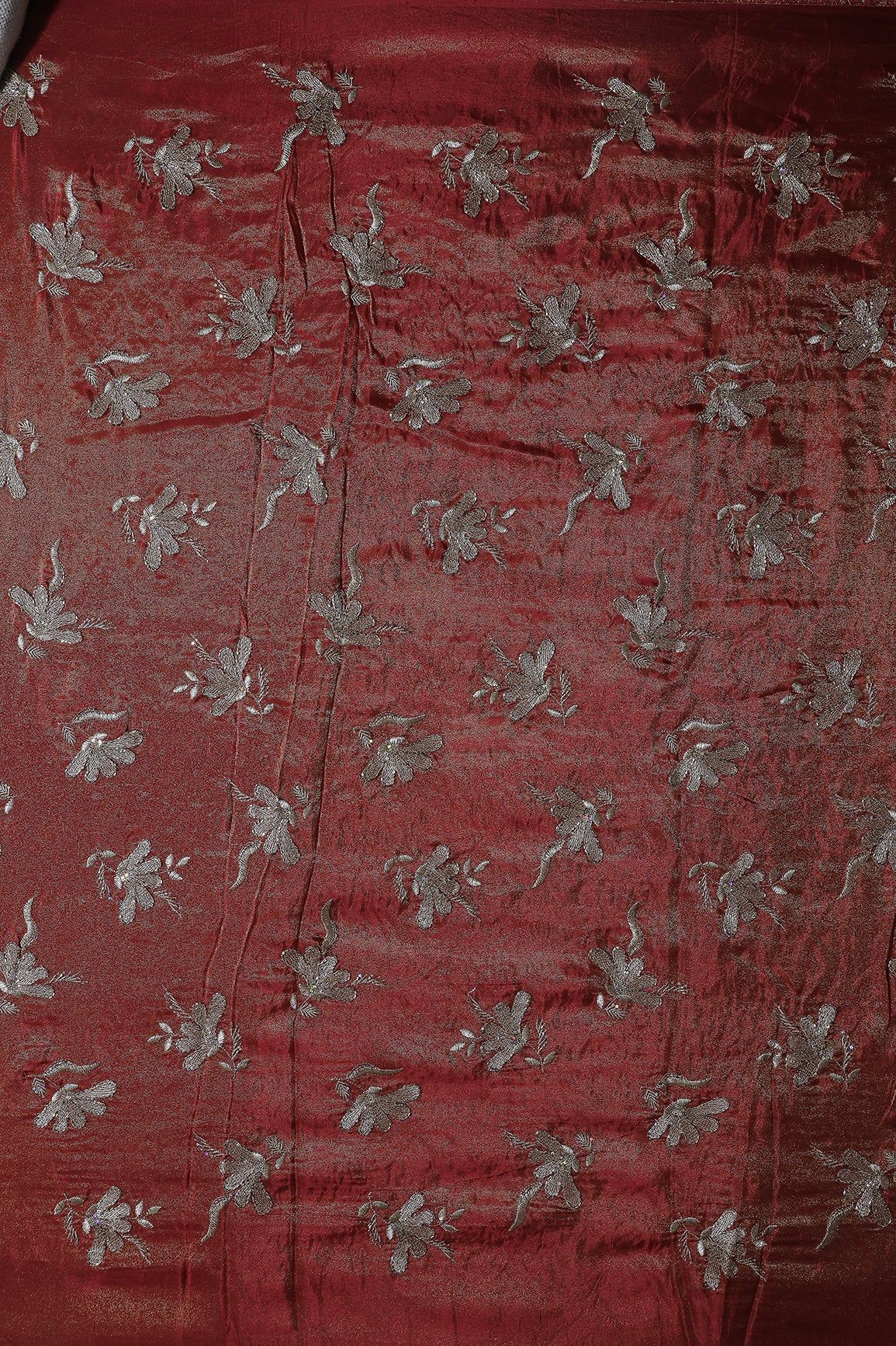 Multi Sequins & Beads With Zari Floral Embroidery Work On Cherry Red Pure Viscose Zari Tissue Fabric