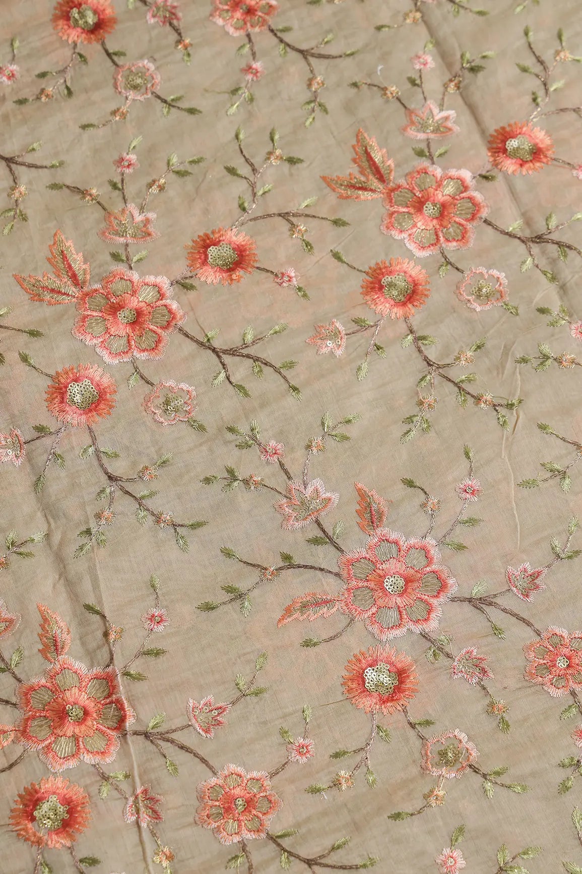 Beautiful Floral Embroidery Work On Send Beige Chanderi Fabric