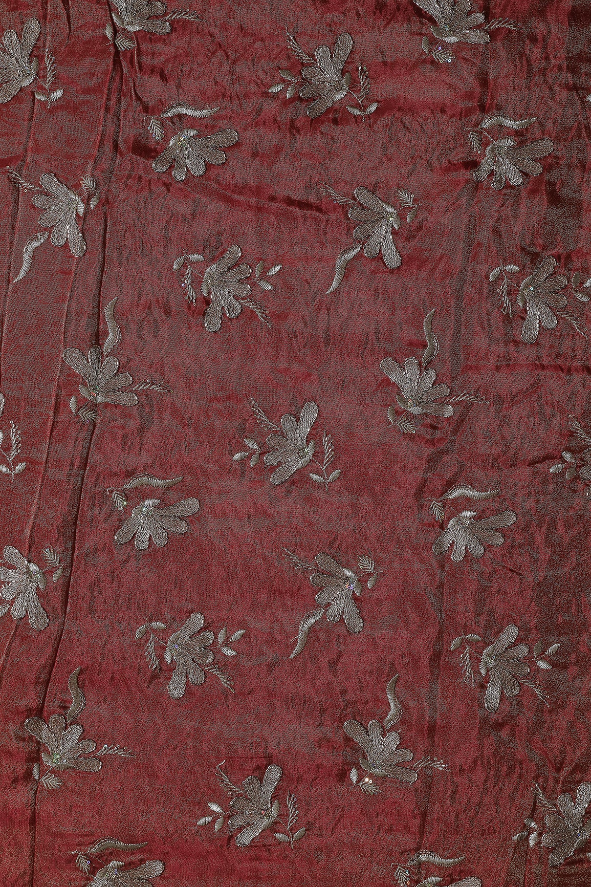 Multi Sequins & Beads With Zari Floral Embroidery Work On Cherry Red Pure Viscose Zari Tissue Fabric