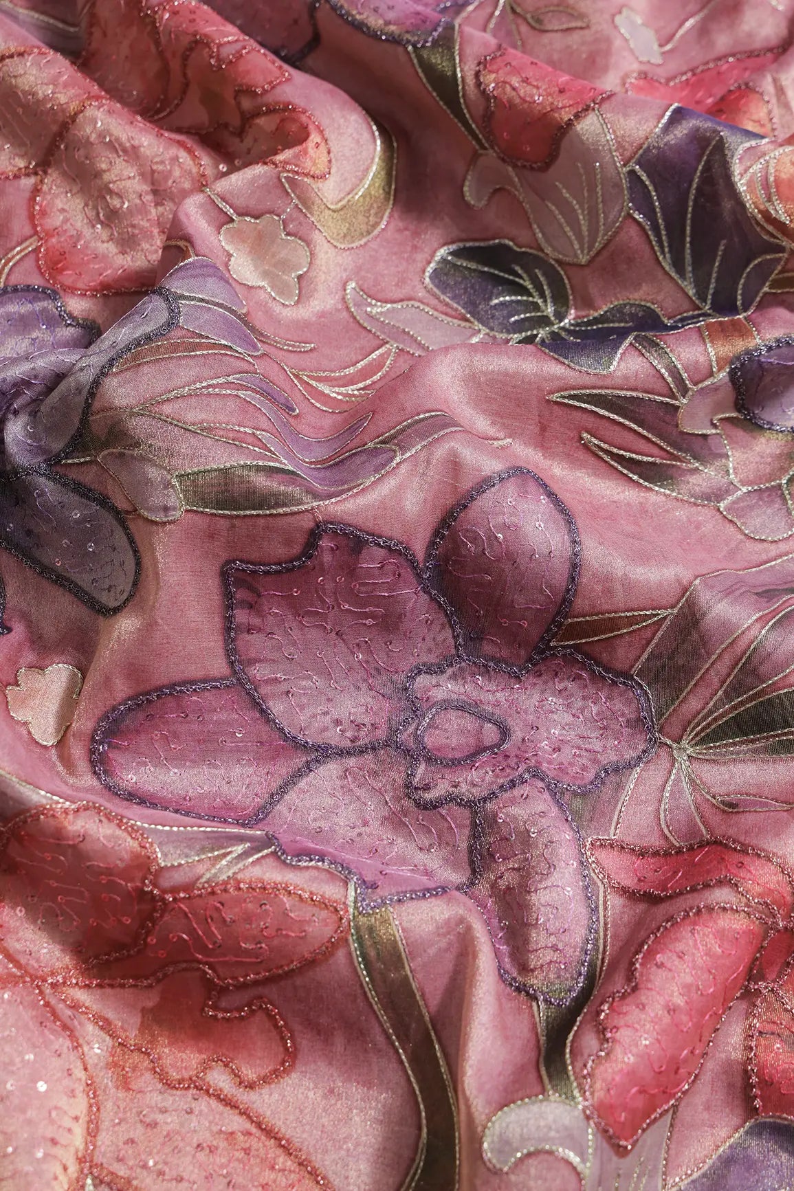 Floral Positional Print On Sequins With Zari Embroidery On Pastel Pink Zari Tissue Fabric