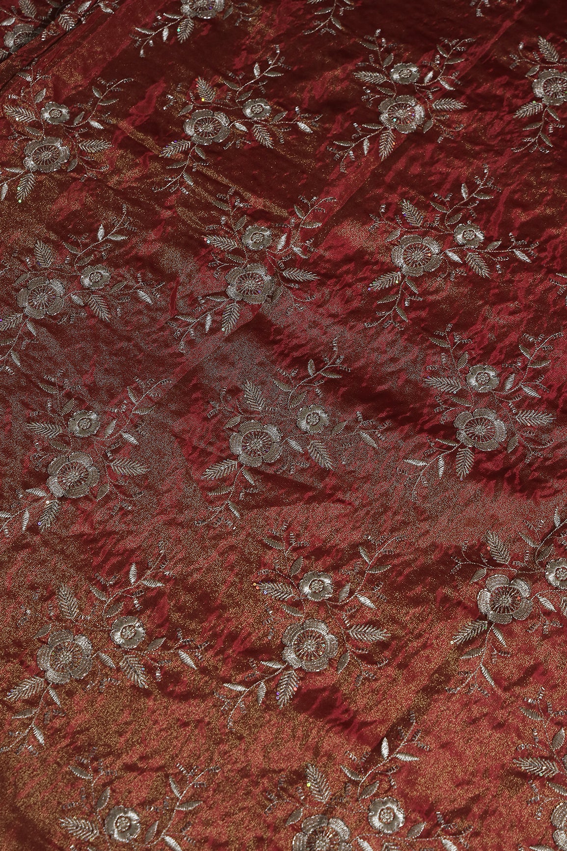 Multi Sequins & Beads With Zari Floral Embroidery Work On Cherry Red Pure Viscose Zari Tissue Fabric