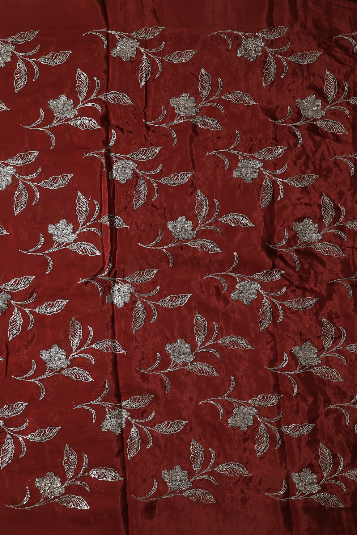 Gold Sequins With Beads Floral Leafy Embroidery Work On Red Glass Tissue Organza Fabric