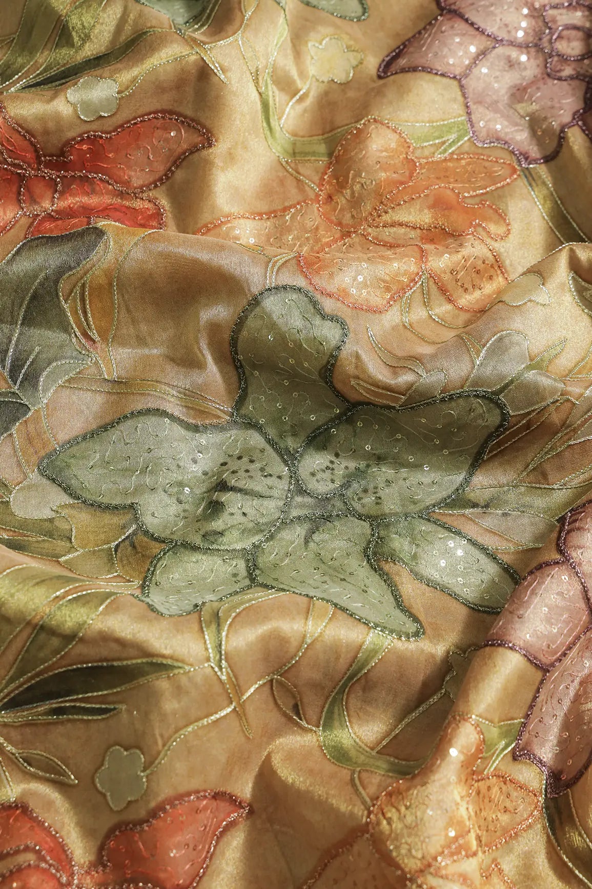 Floral Positional Print On Sequins With Zari Embroidery On Yellowish Brown Zari Tissue Fabric