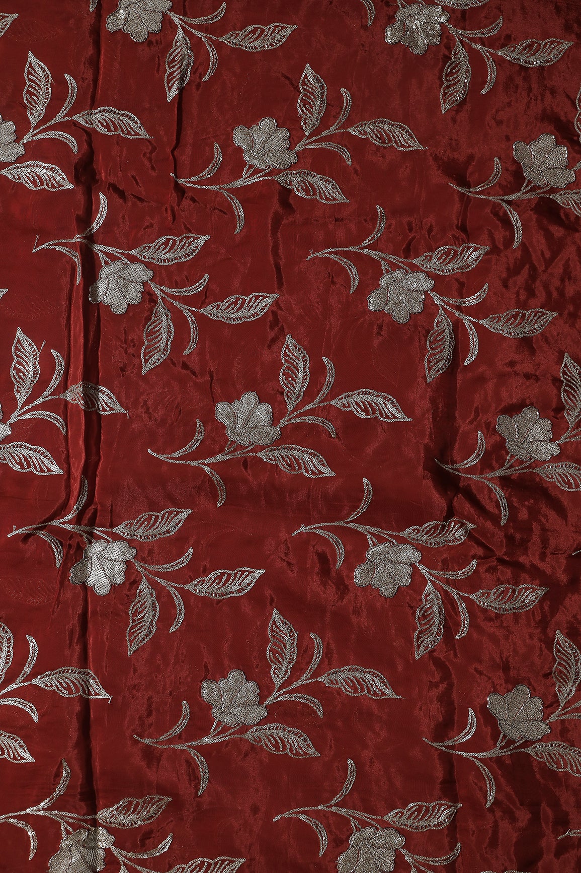 Gold Sequins With Beads Floral Leafy Embroidery Work On Red Glass Tissue Organza Fabric