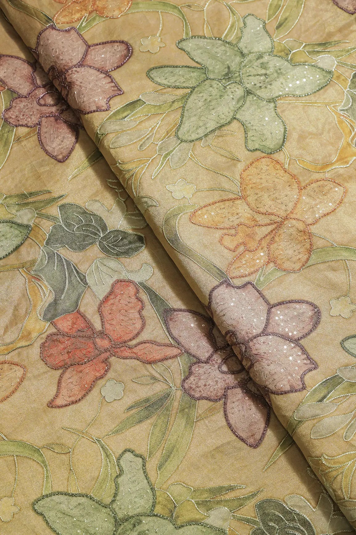 Floral Positional Print On Sequins With Zari Embroidery On Yellowish Brown Zari Tissue Fabric