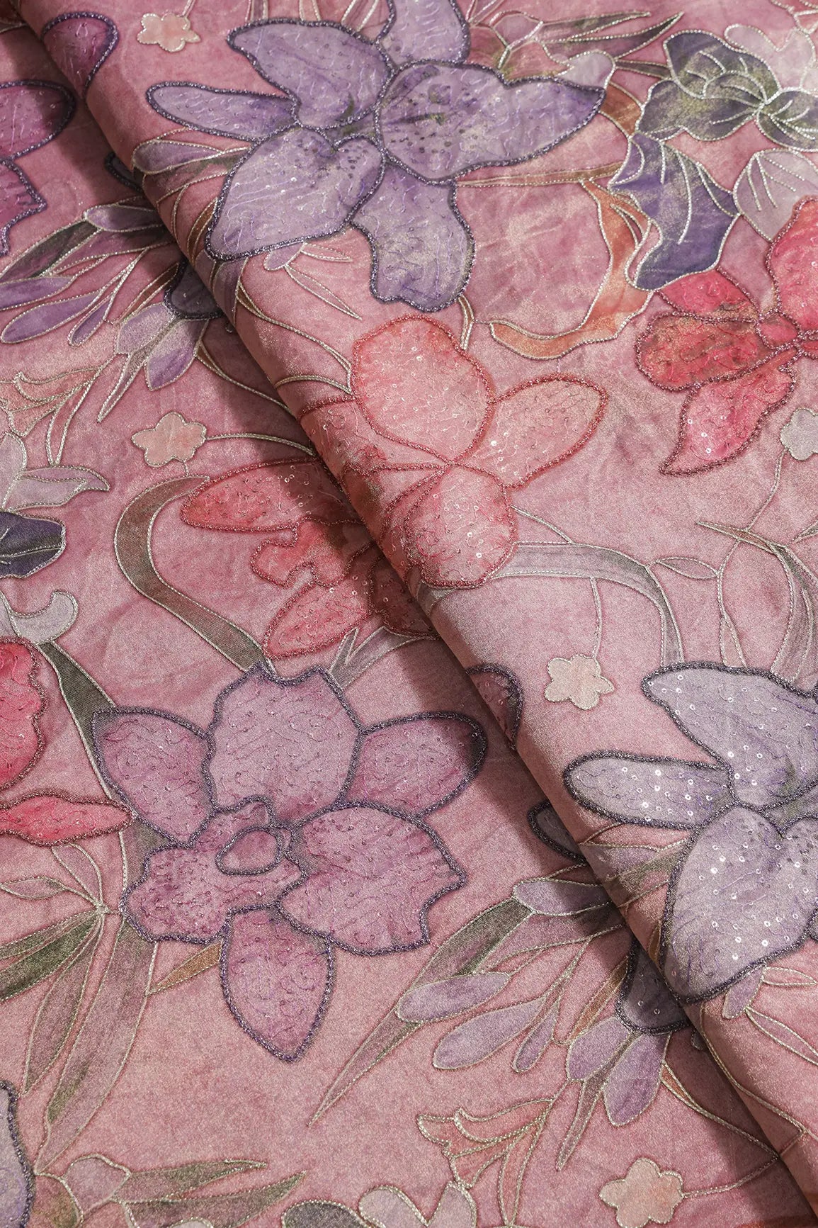 Floral Positional Print On Sequins With Zari Embroidery On Pastel Pink Zari Tissue Fabric
