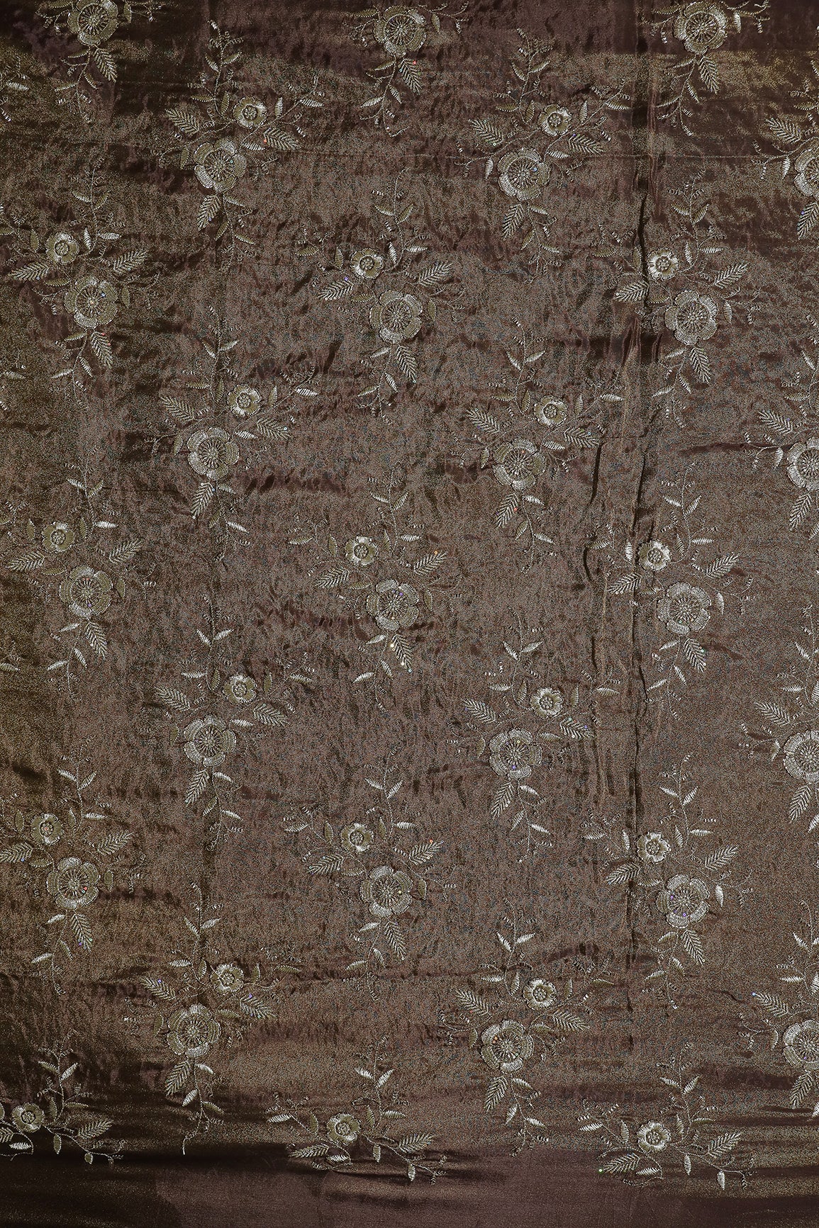 Multi Sequins & Beads With Zari Floral Embroidery Work On Mocha Mousse Pure Viscose Zari Tissue Fabric