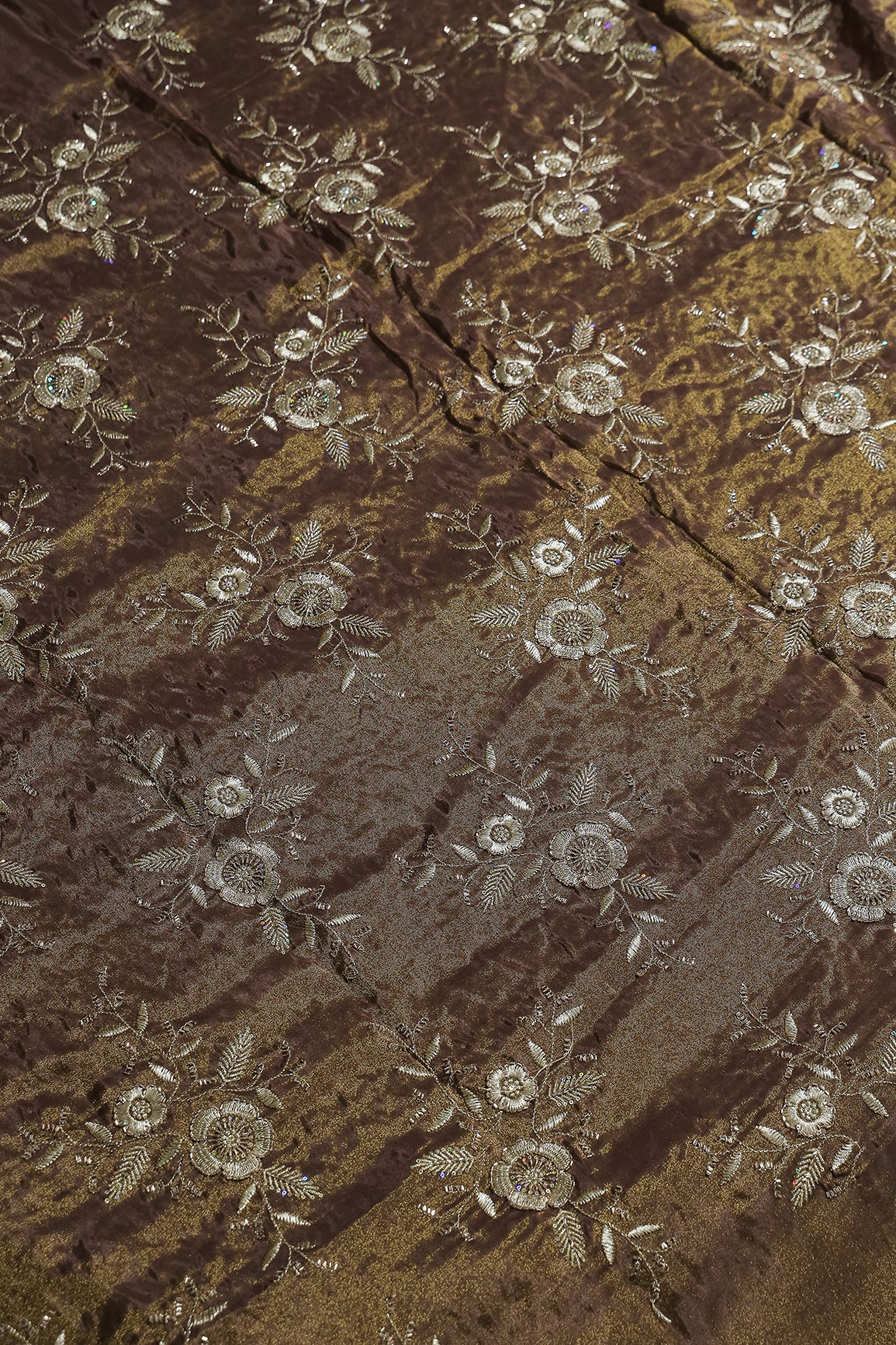 Multi Sequins & Beads With Zari Floral Embroidery Work On Mocha Mousse Pure Viscose Zari Tissue Fabric