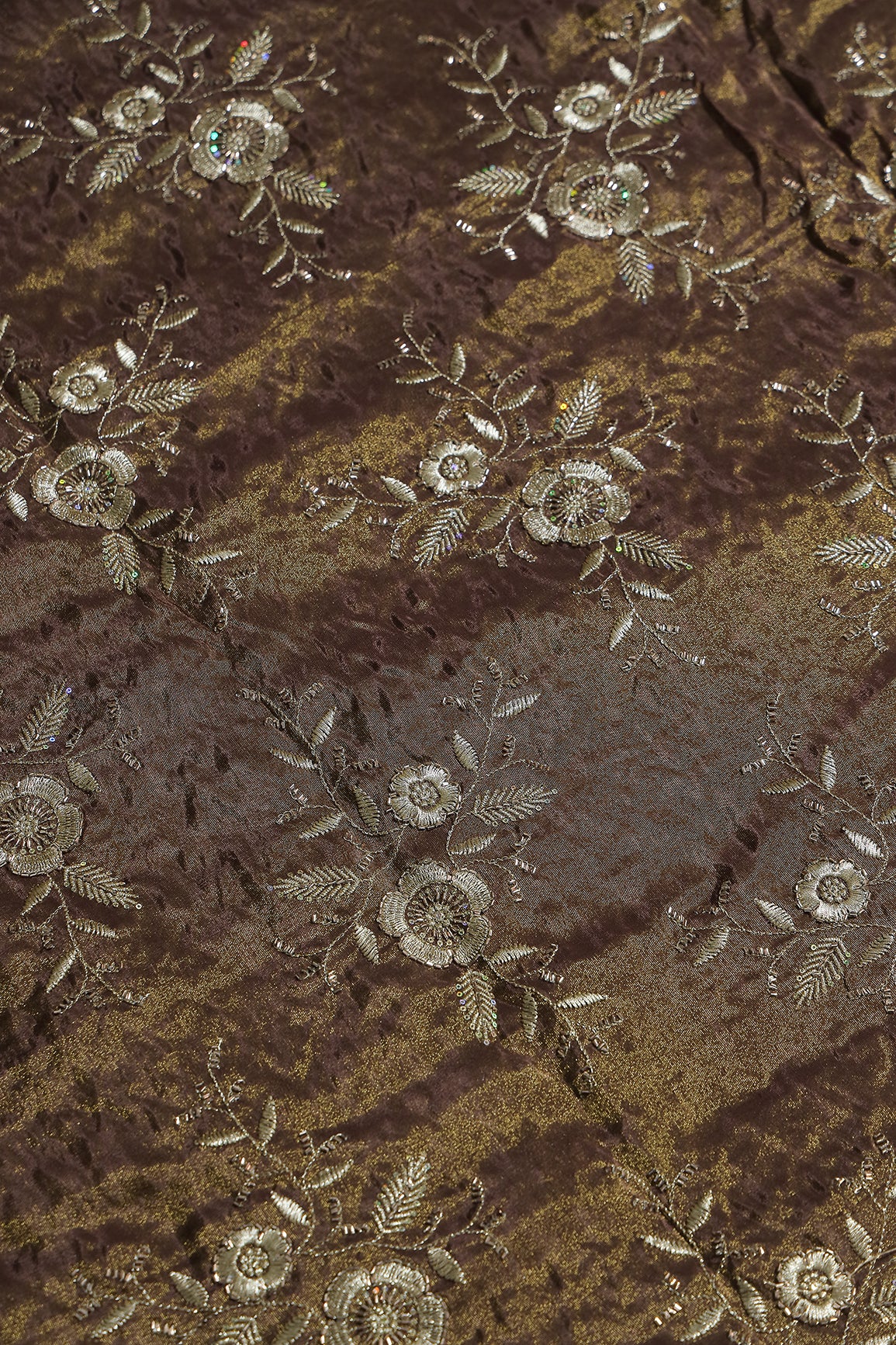 Multi Sequins & Beads With Zari Floral Embroidery Work On Mocha Mousse Pure Viscose Zari Tissue Fabric