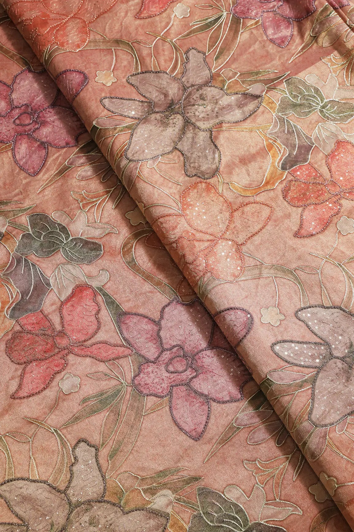 Floral Positional Print On Sequins With Zari Embroidery On Dusty Peach Zari Tissue Fabric