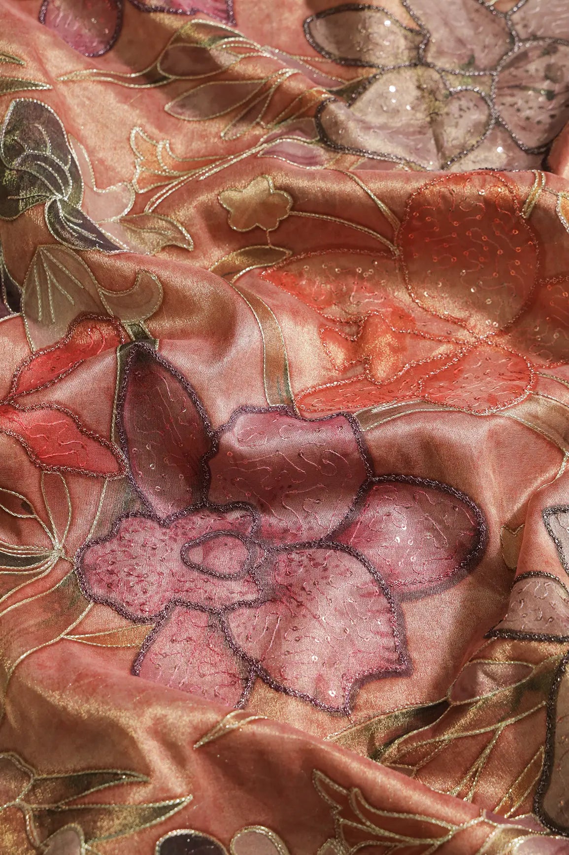 Floral Positional Print On Sequins With Zari Embroidery On Dusty Peach Zari Tissue Fabric