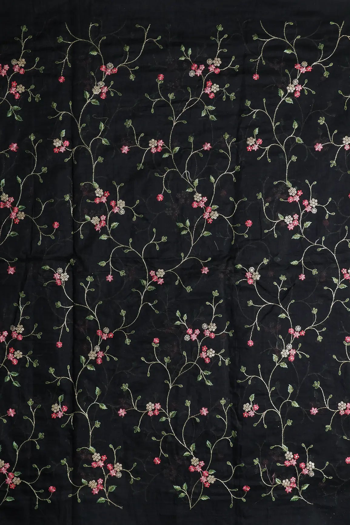 Pink And Green Thread With Gold Zari Floral Sequins Embroidery Work On Black Chanderi Fabric