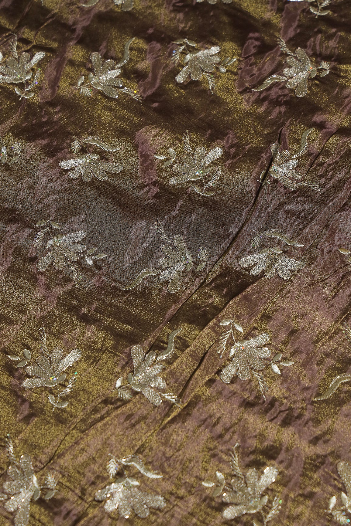 Multi Sequins & Beads With Zari Floral Embroidery Work On Mocha Mousse Pure Viscose Zari Tissue Fabric