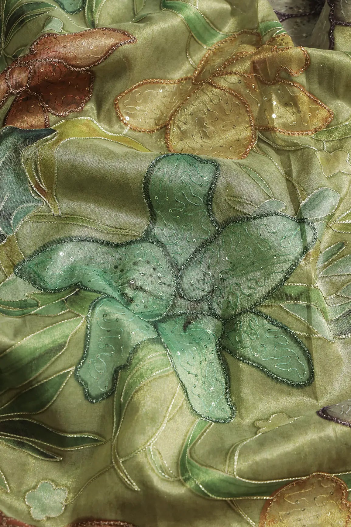Floral Positional Print On Sequins With Zari Embroidery On Olive Green Zari Tissue Fabric