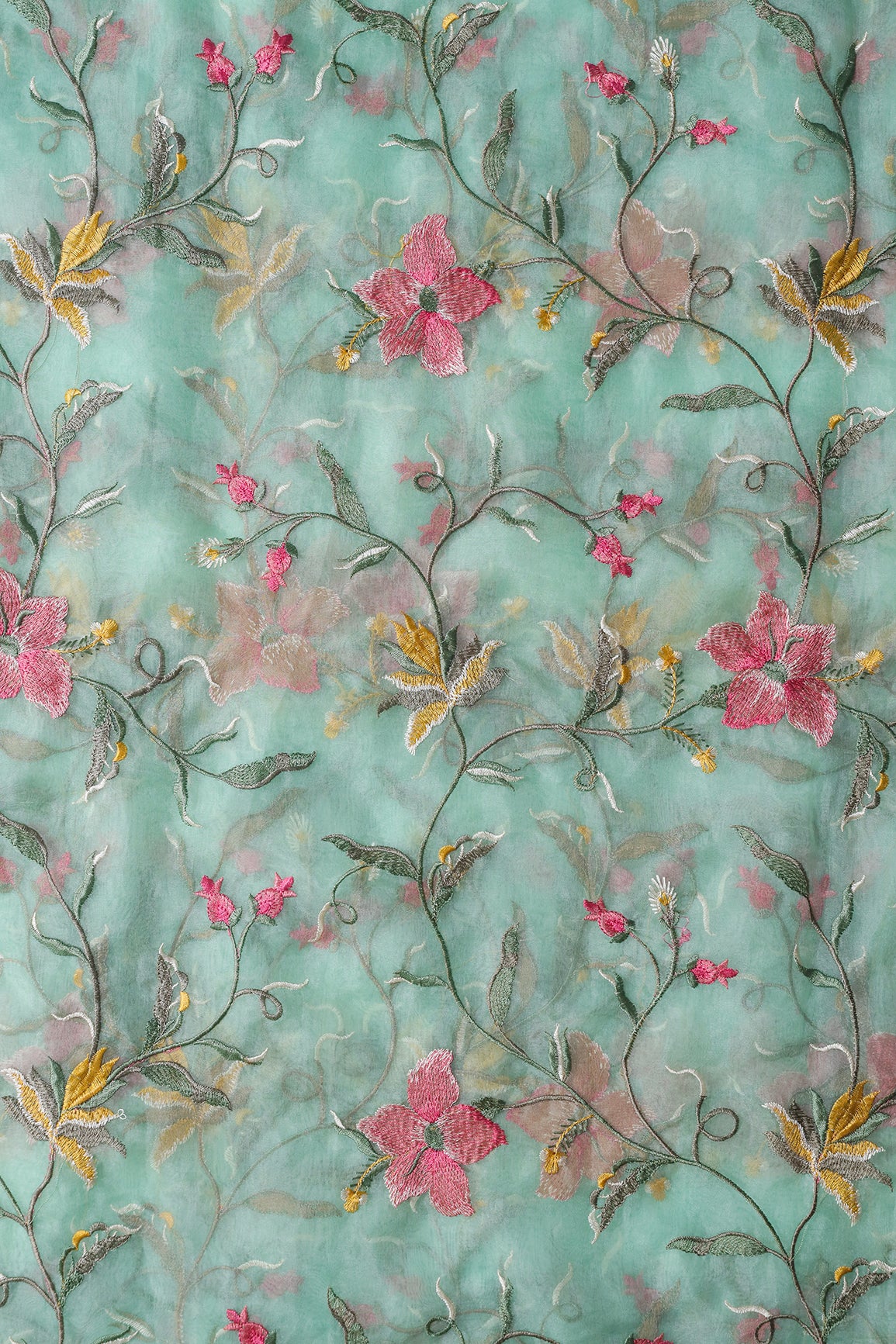 Elegant Floral Multi Color Thread Embroidery Work On Sea Green Organza Fabric