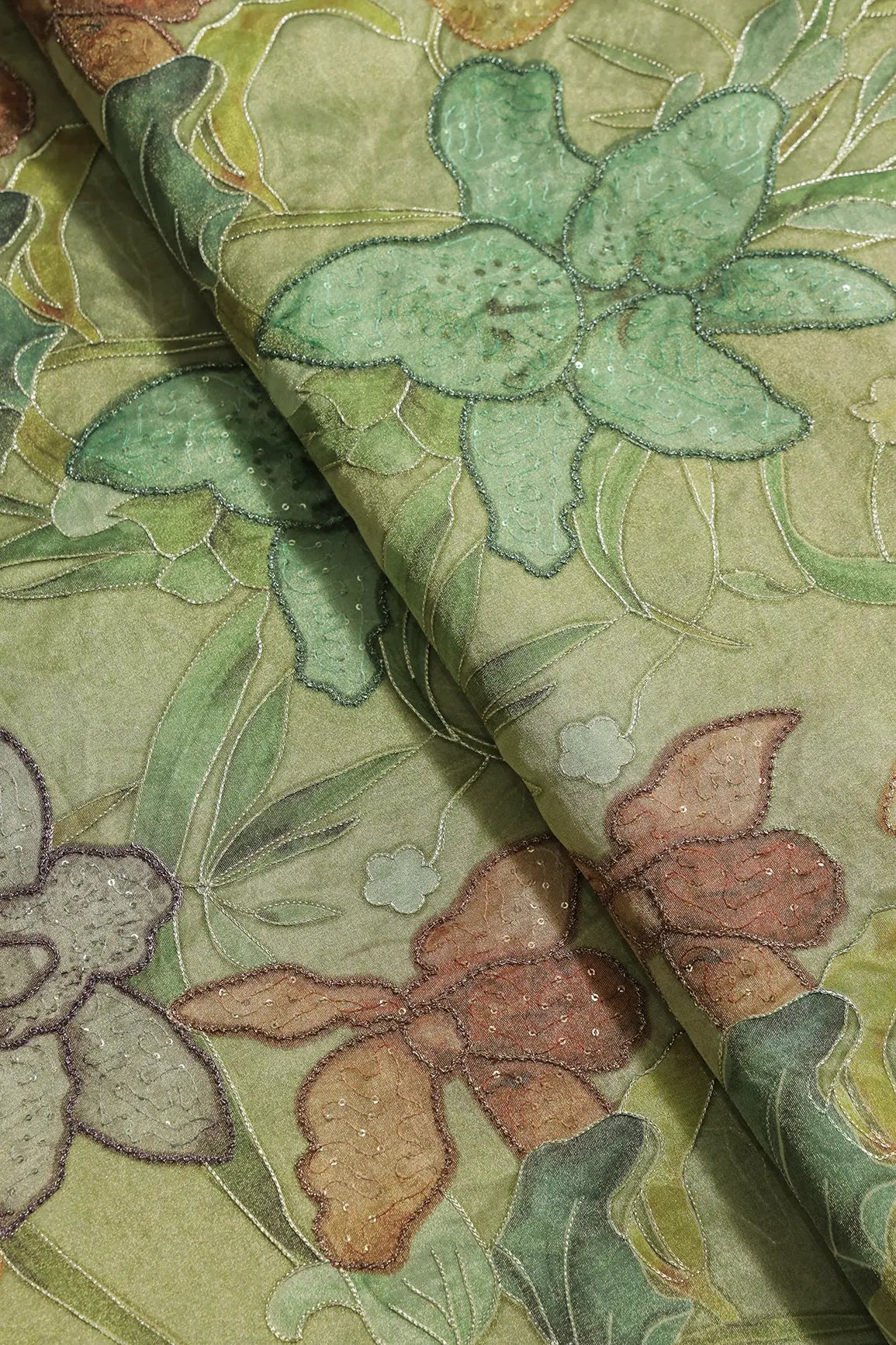 Floral Positional Print On Sequins With Zari Embroidery On Olive Green Zari Tissue Fabric