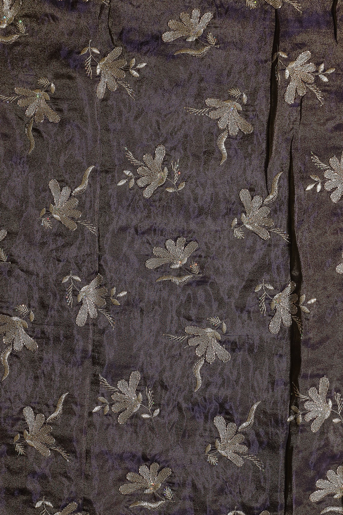 Multi Sequins & Beads With Zari Floral Embroidery Work On Dark Purple Pure Viscose Zari Tissue Fabric