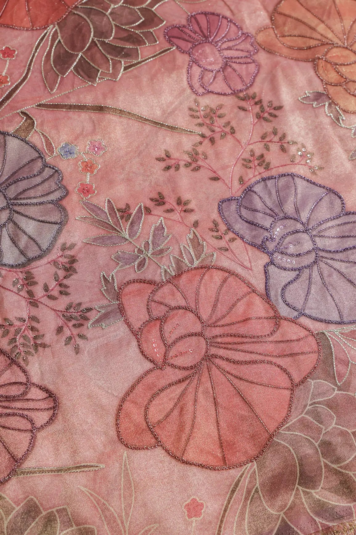 Floral Positional Print On Sequins With Zari Embroidery On Gajri Pink Zari Tissue Fabric