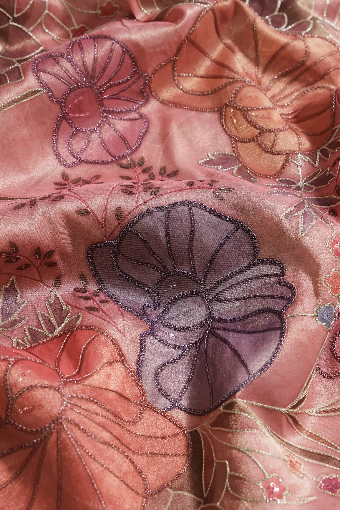 Floral Positional Print On Sequins With Zari Embroidery On Gajri Pink Zari Tissue Fabric