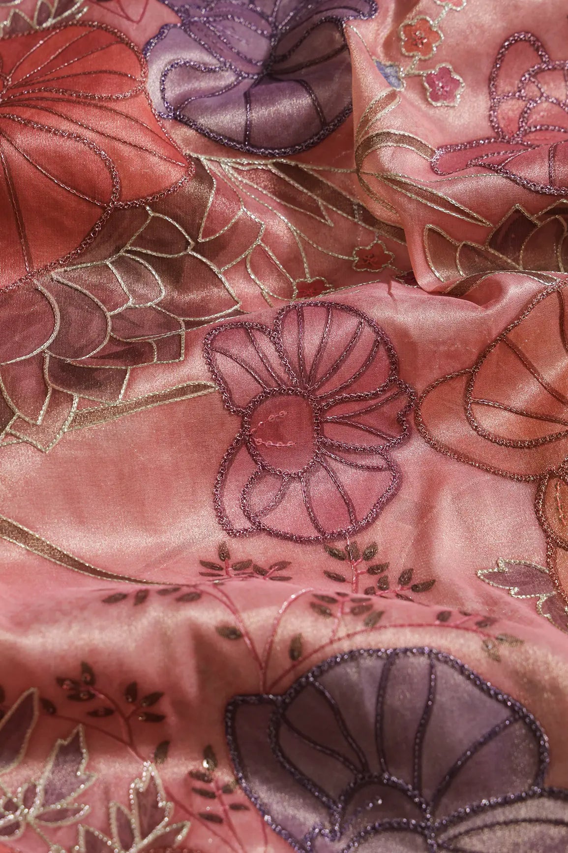Floral Positional Print On Sequins With Zari Embroidery On Gajri Pink Zari Tissue Fabric