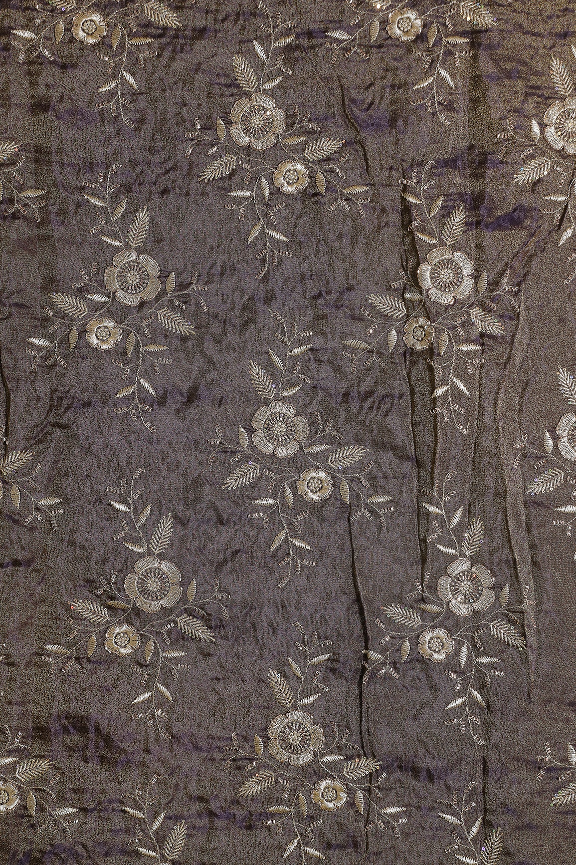 Multi Sequins & Beads With Zari Floral Embroidery Work On Dark Purple Pure Viscose Zari Tissue Fabric