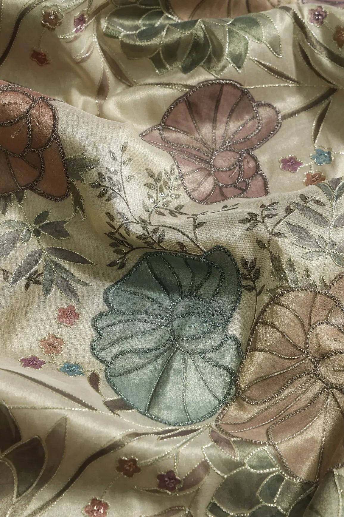 Floral Positional Print On Sequins With Zari Embroidery On Beige Zari Tissue Fabric