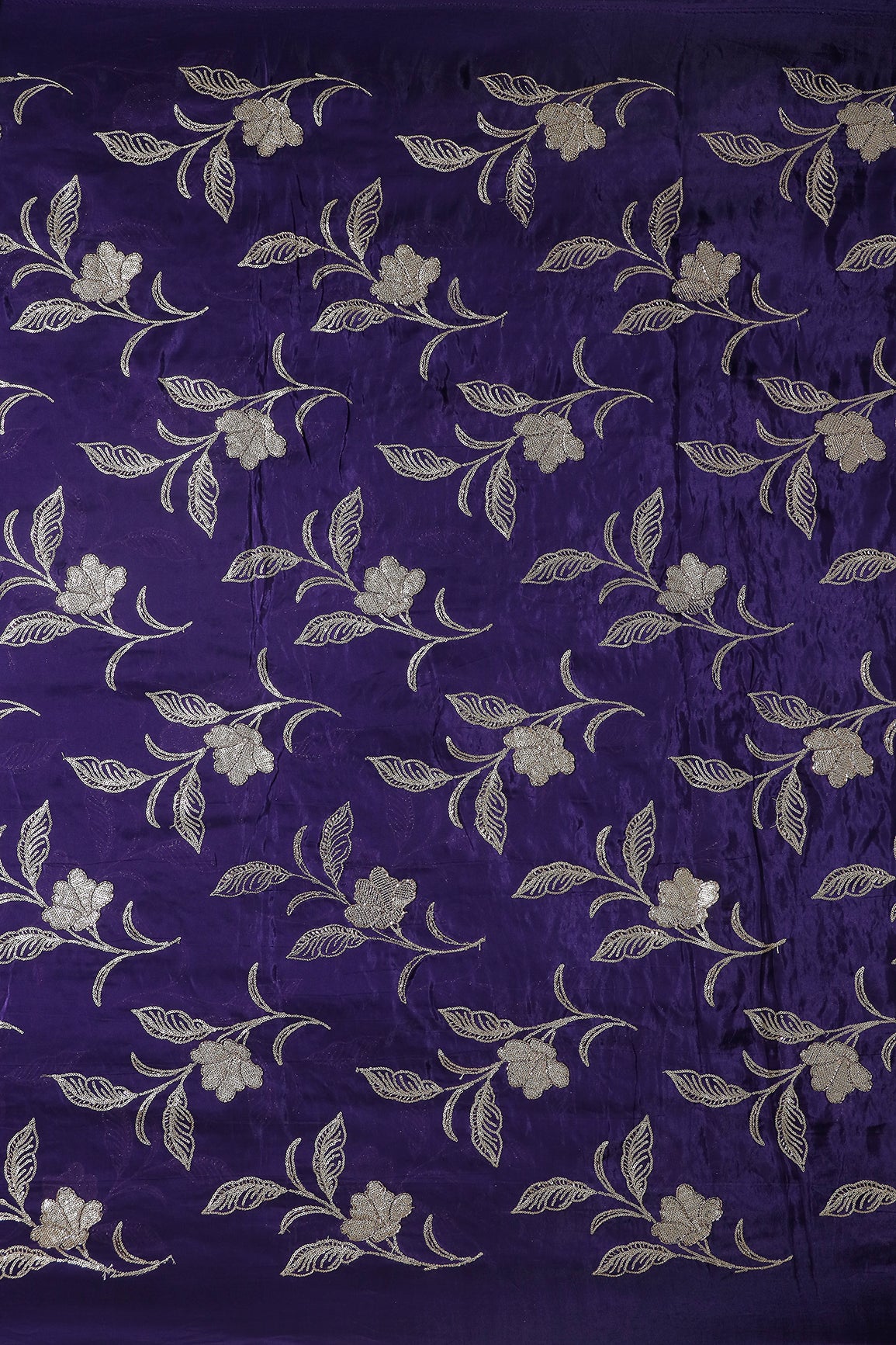 Gold Sequins With Beads Floral Leafy Embroidery Work On Purple Glass Tissue Organza Fabric