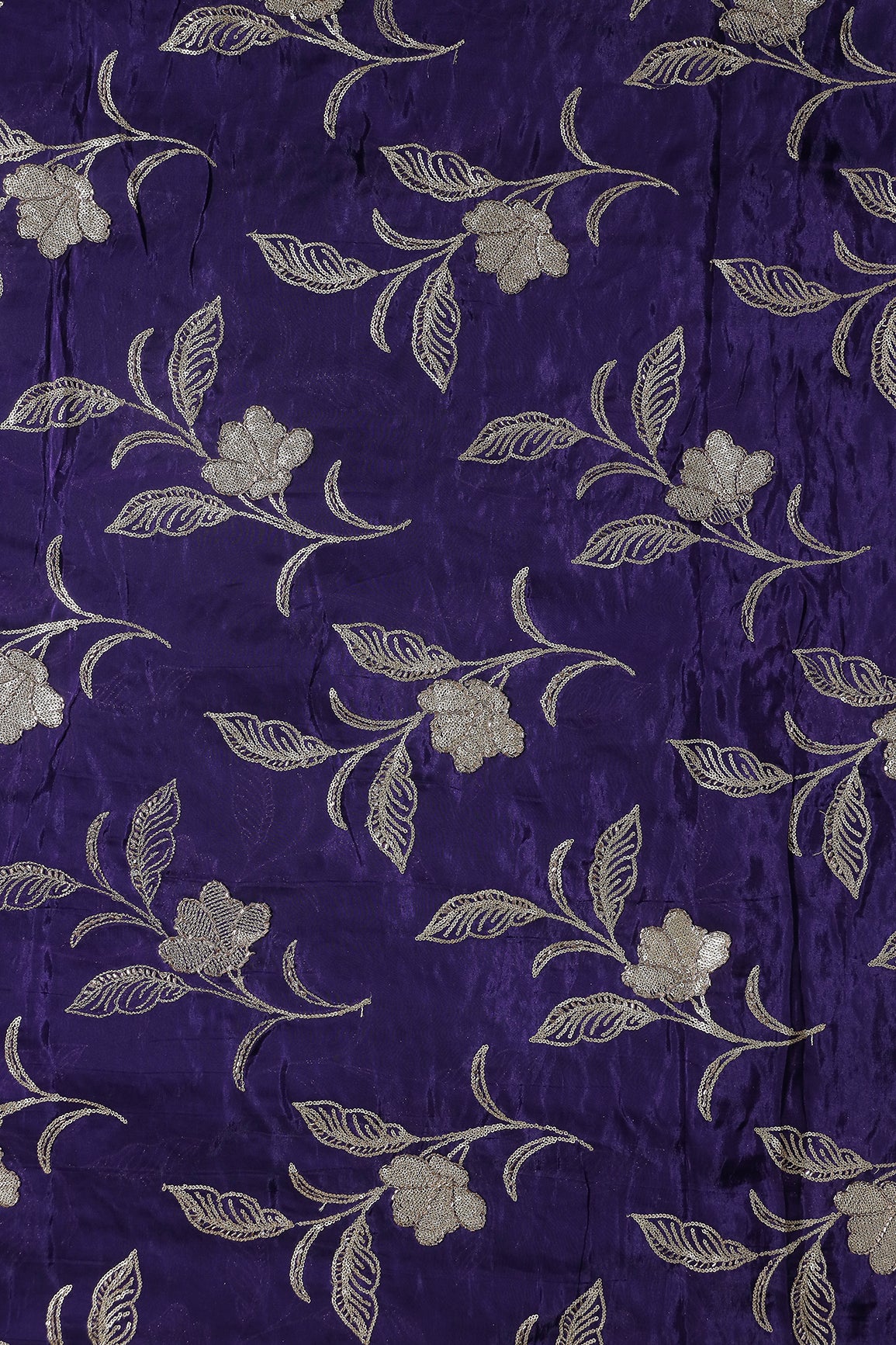 Gold Sequins With Beads Floral Leafy Embroidery Work On Purple Glass Tissue Organza Fabric