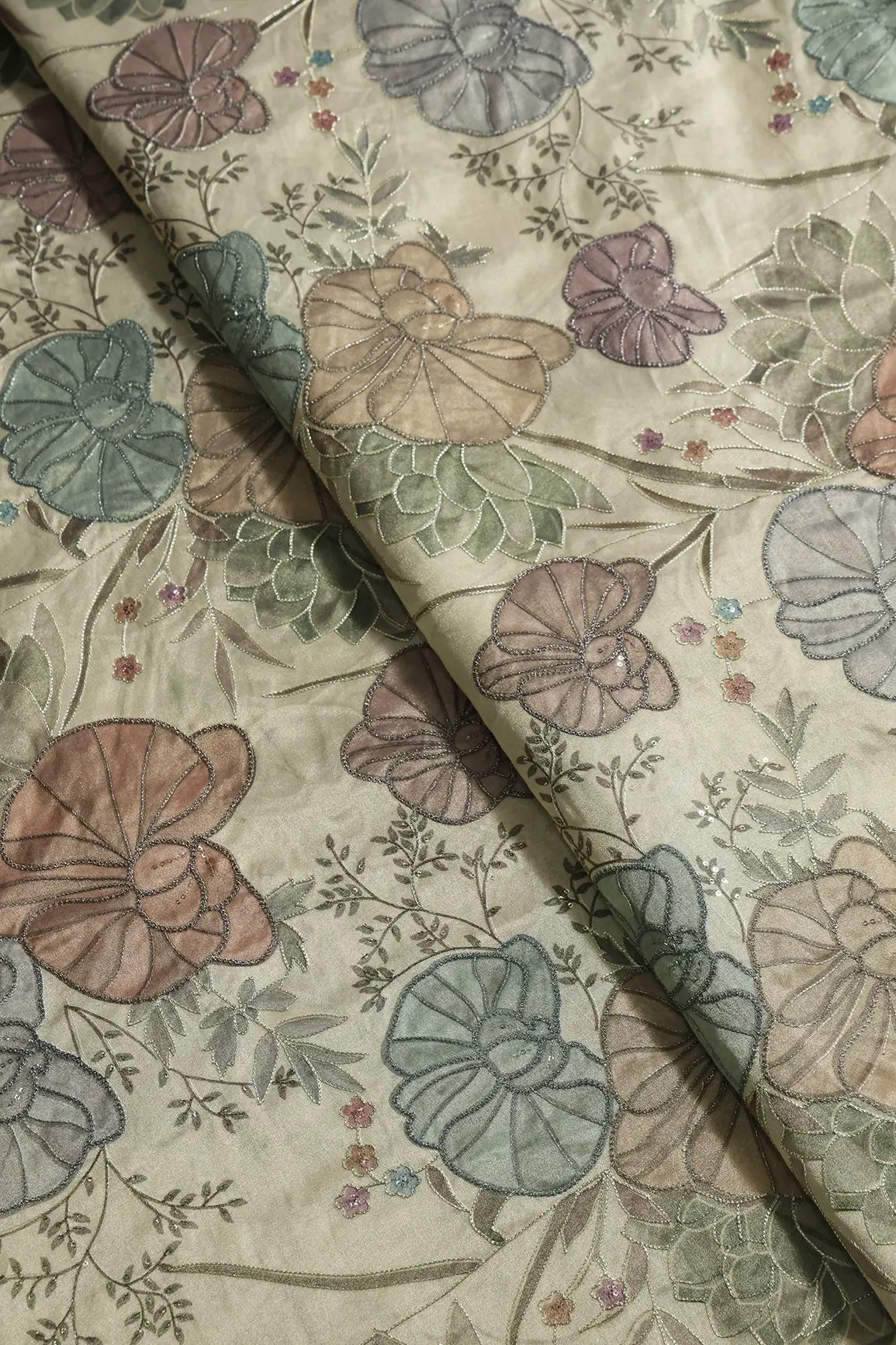 Floral Positional Print On Sequins With Zari Embroidery On Beige Zari Tissue Fabric